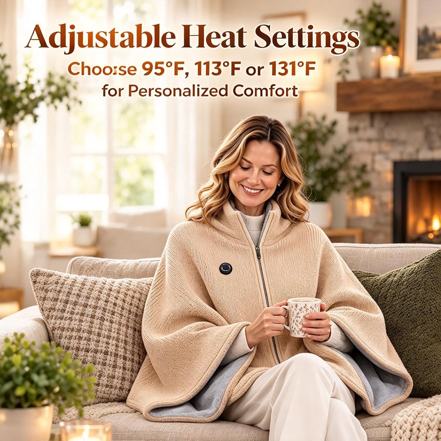 Elektrische deken - Elektrische Cape met Rits - Heated Shawl - Warmtedeken - Warmte Poncho - 3 Standen - snelle warmteafvoer - USB (Excl. Powerbank) - voor kantoor, bank, reizen - 150x80cm - Khaki – foto 3