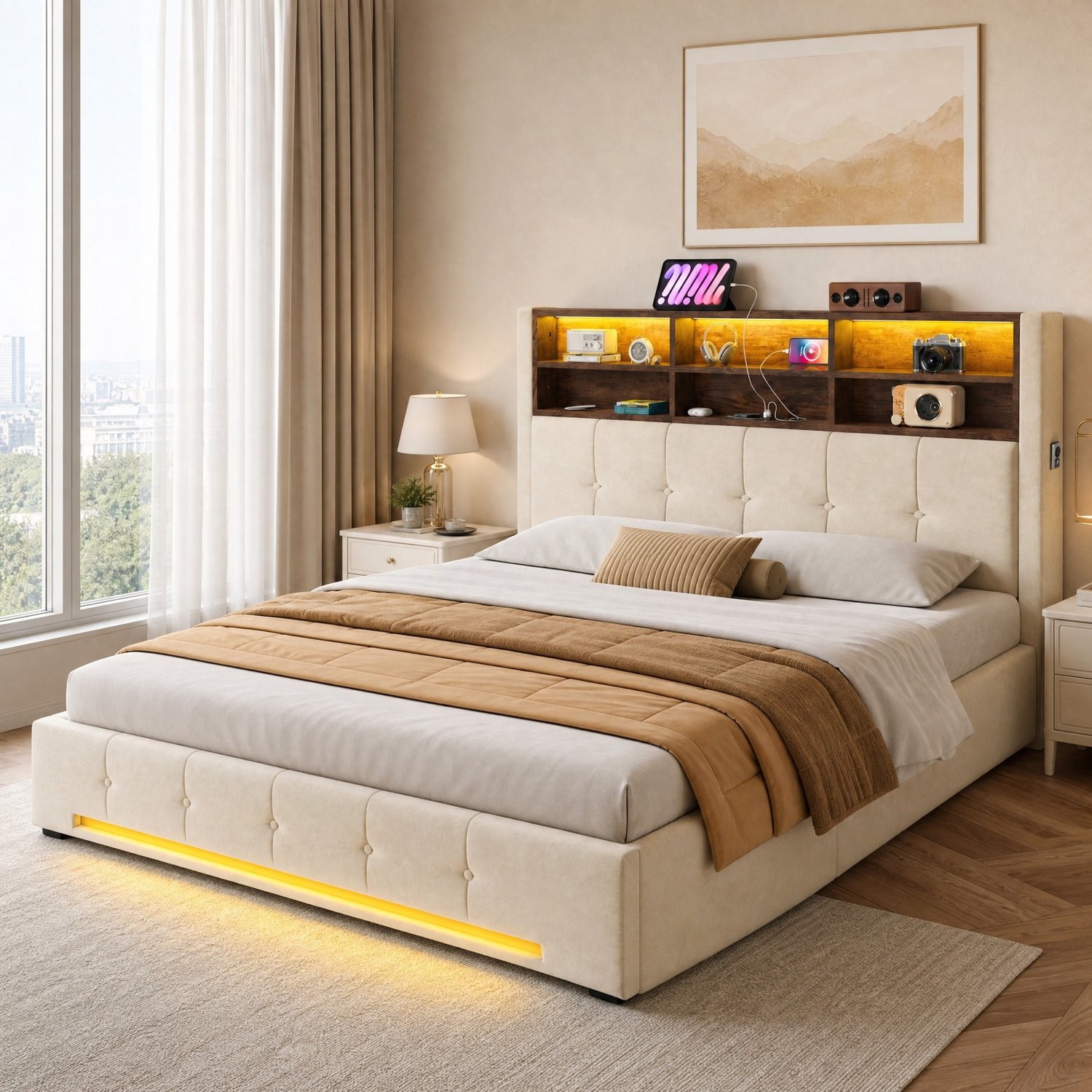 MEUNIQ gestoffeerd tweepersoonsbed 160 x 200 cm met hydraulische opbergruimte, hoofdbord met 6 vakken, zijvakken, USB-C en ledverlichting, beige