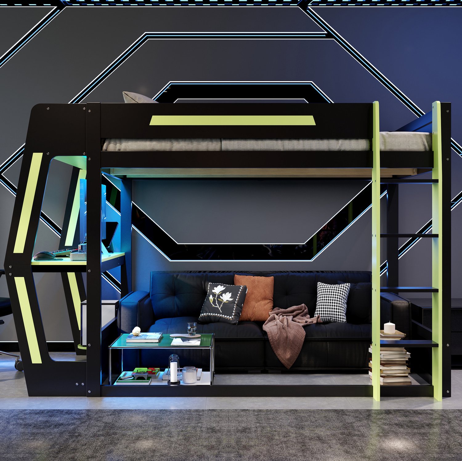 HAUSS SPOLE Halfhoogslaper 120x200 cm - Bed met Bureau en Opbergruimte - Met Ledverlichting - Zonder Matras - Hout en MDF - Zwart en Groen