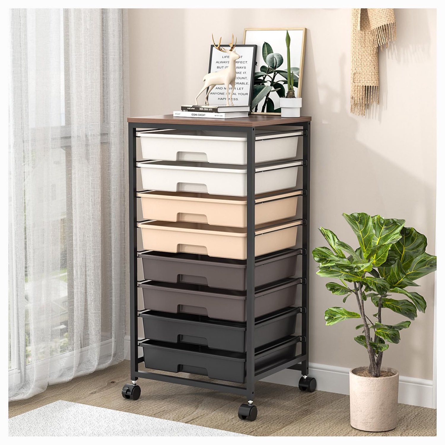 Badkamer Trolley met 8 Laden en Houten Bovenblad, Bruin