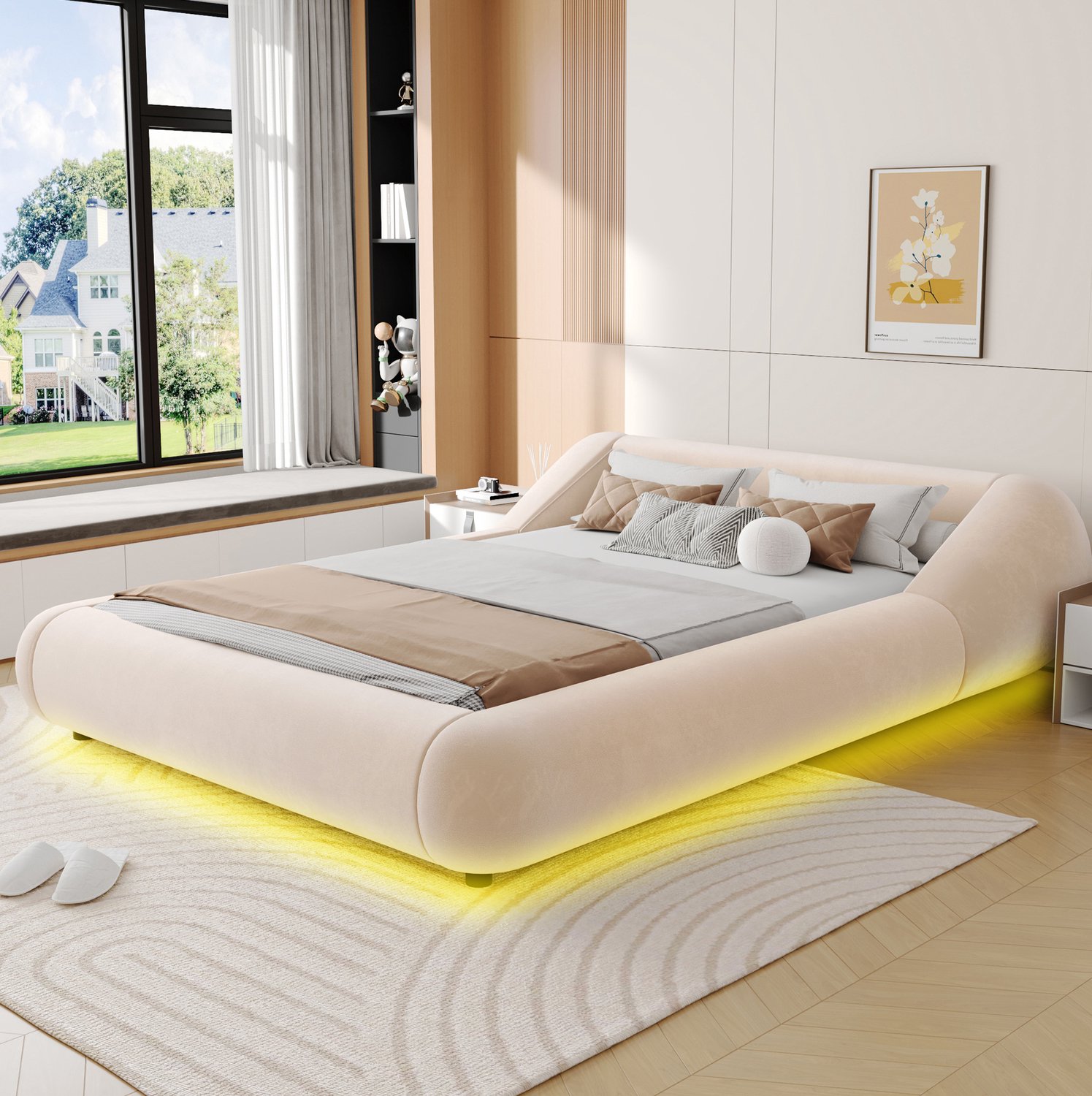 HAUSS SPOLE Gestoffeerd Bed 140x200 cm - Tweepersoonsbed met Gebogen Hoofdbord - Zwevende Uitstraling en Ledverlichting - Zonder Matras - Fluweel - Beige