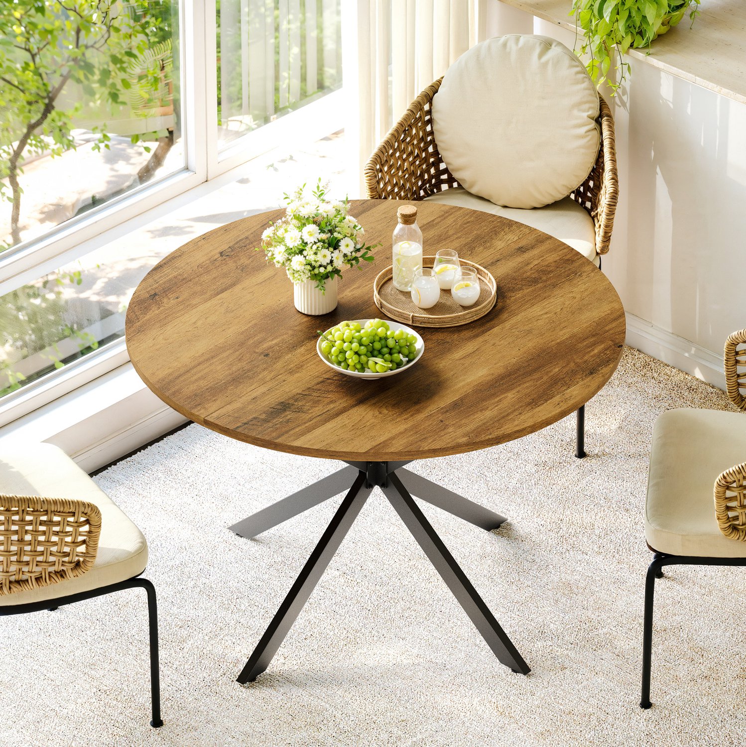 Wishdor Ronde eettafel - Voor 4 tot 6 personen - X-poot met verstelbare voeten - Retro landhuisstijl - Eetkamer keuken woonkamer en thuiskantoor - Eikenfineer en staal - Bruin en zwart - 120 x 120 x 76 cm