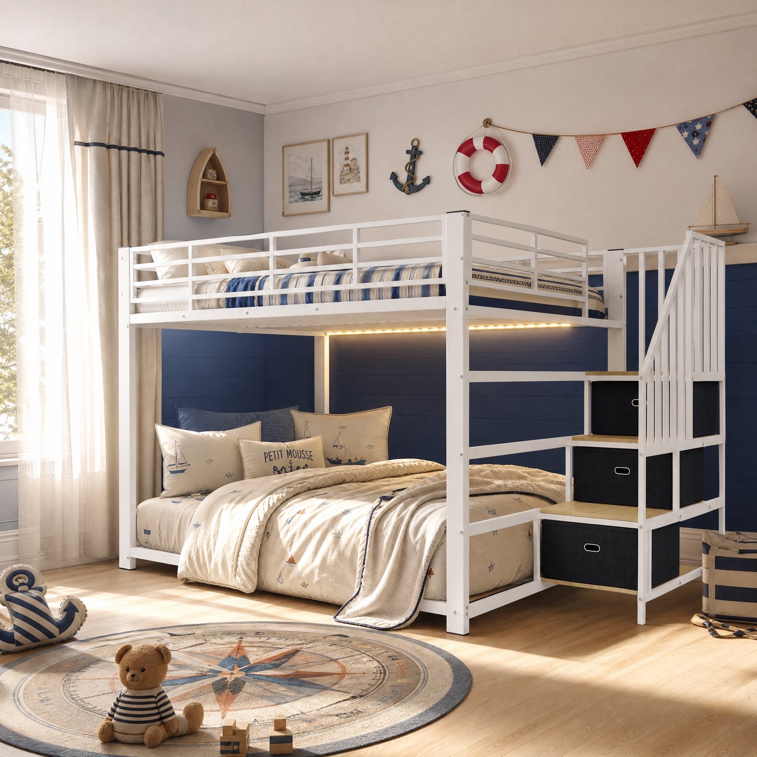Wishdor Stapelbed 140x200 cm - Trap met stoffen opberglades links of rechts monteerbaar - LED-verlichting - Stopcontacten en USB-aansluitingen - MDF en metaal - Wit en walnootkleur