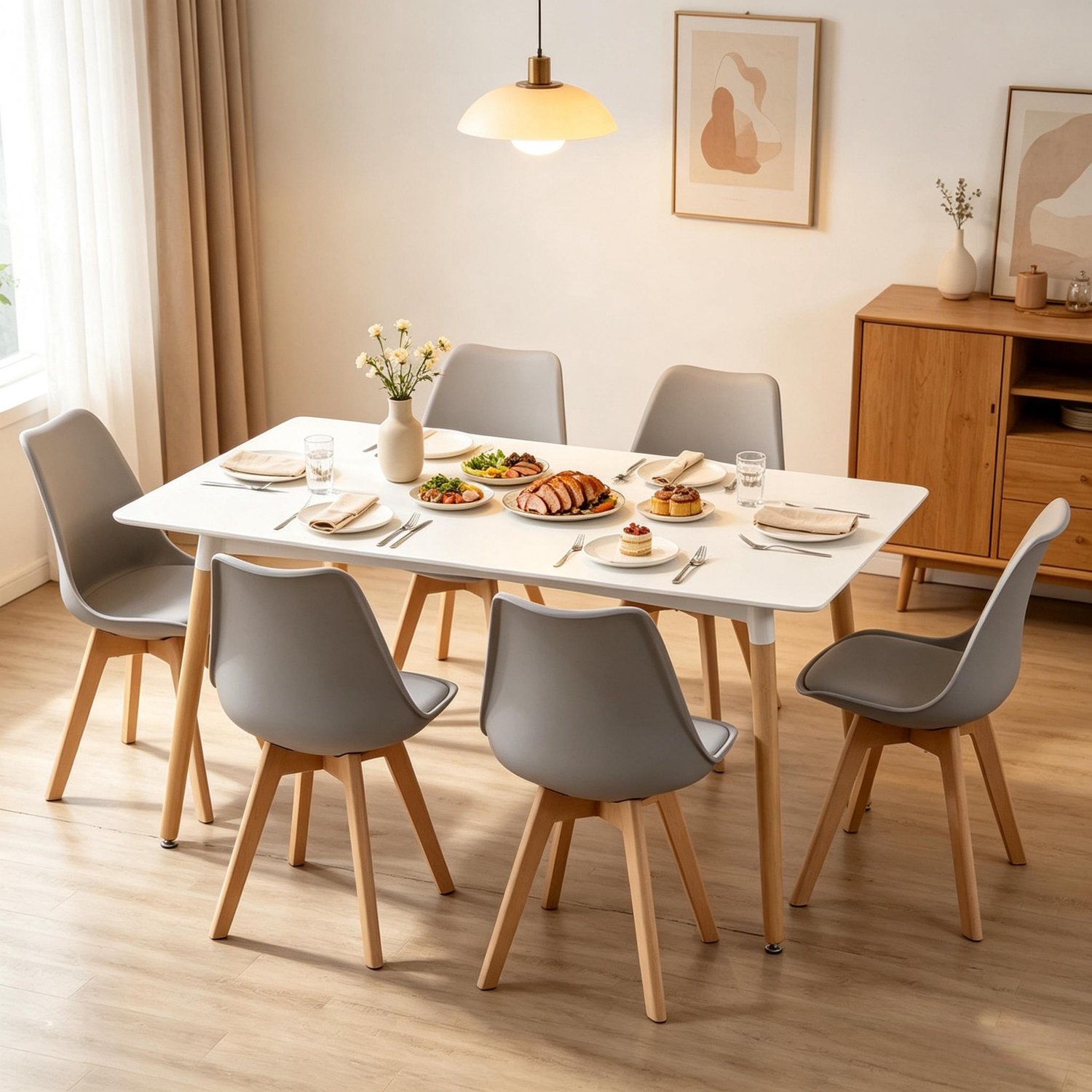 HAUSS SPOLE Eetkamerstoelen - Set van 6 - Gewatteerde Zitting en Vloerbeschermers - Voor Eetkamer en Keuken - Kunstleer en Hout - Grijs