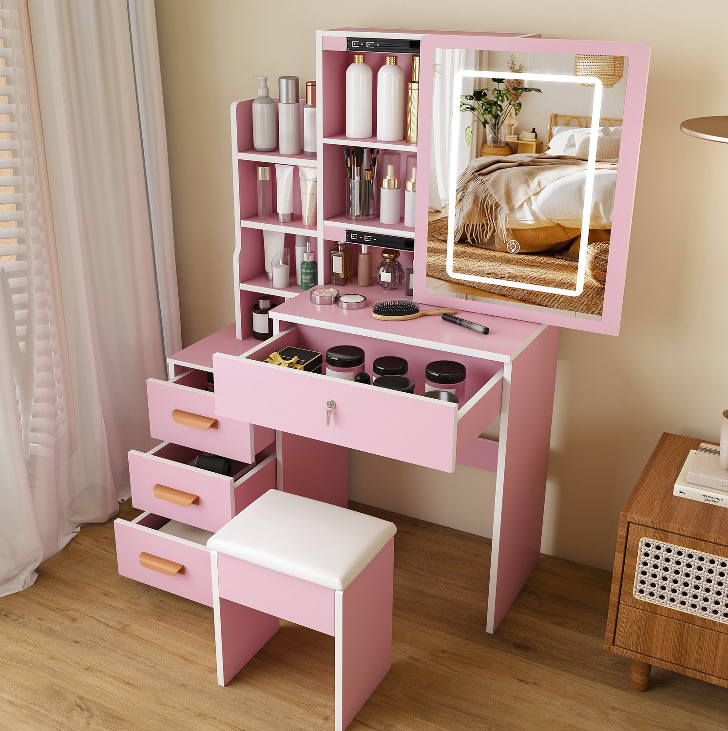 MEUNIQ Kaptafel met spiegel en verstelbare verlichting, 4 lades en opbergruimte, inclusief beklede kruk, 85 x 36 x 130 cm, roze, voor de slaapkamer