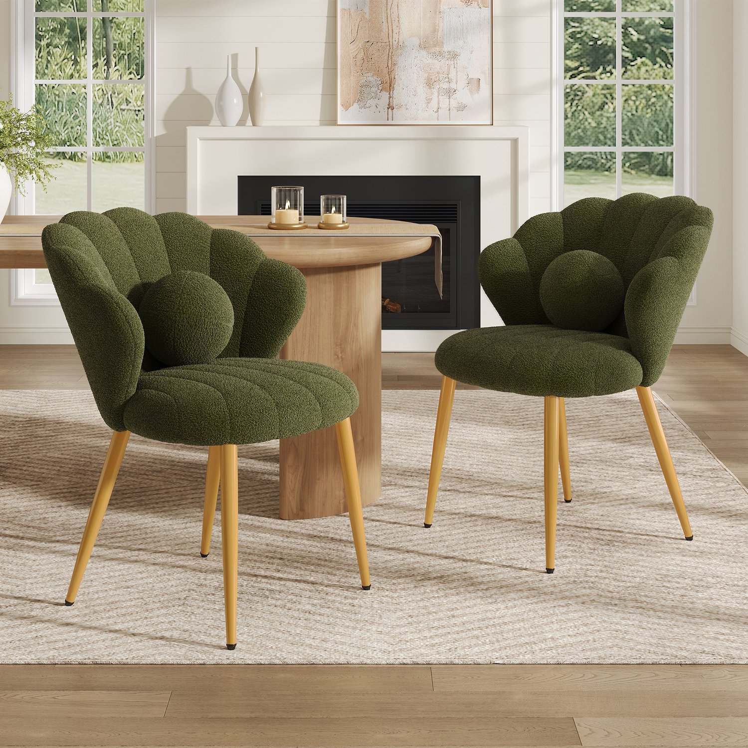 HAUSS SPOLE Eetkamerstoelen - Set van 2 - Schelpvormige Rugleuning met Ronde Kussens - Voor Eetkamer en Slaapkamer - Teddystof Groen