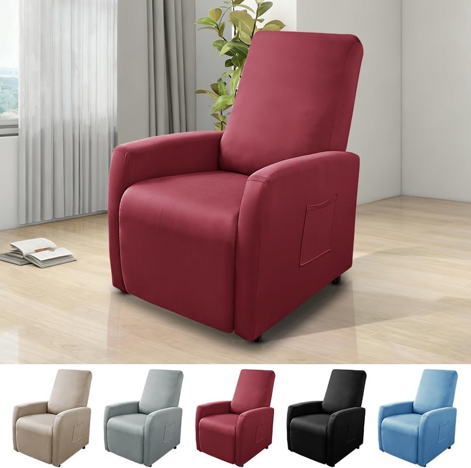Stoelhoes voor Relaxfauteuil, Waterdichte en Rekbare Bescherming met Zakjes, Perfect voor TV Stoel en Fauteuil in Bordeauxrood