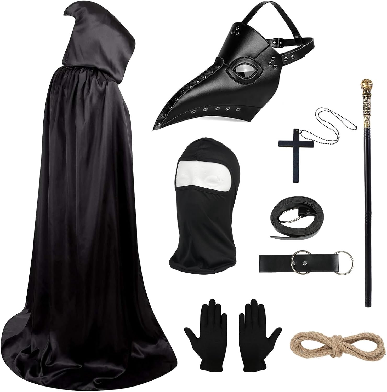 Props Kostuum Set, Retro Lederen Vogelmasker Gothic Pest Dokters Masker met Volledige Gezichtsmasker Riet Zwarte Hooded Mantel Handschoenen Kruis Ketting Ringgesp Riem voor Halloween Cosplay