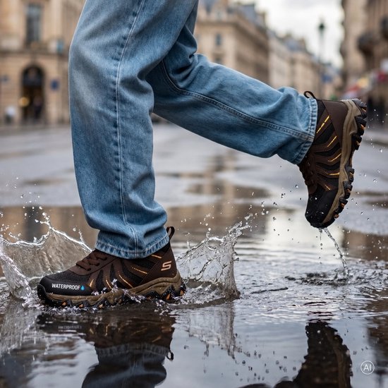 Bruine Skechers wandelschoenen met 'WATERPROOF' tekst, gedragen onder een spijkerbroek tijdens het stappen in een plas.