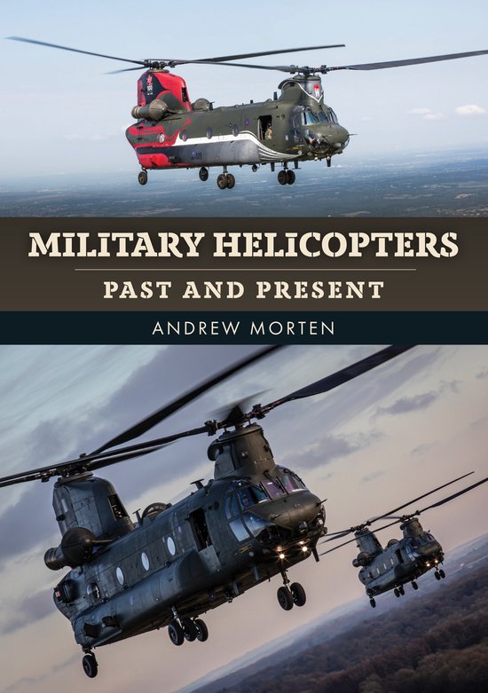 Boekomslag 'Military Helicopters' met foto's van Chinook-helikopters in de lucht.