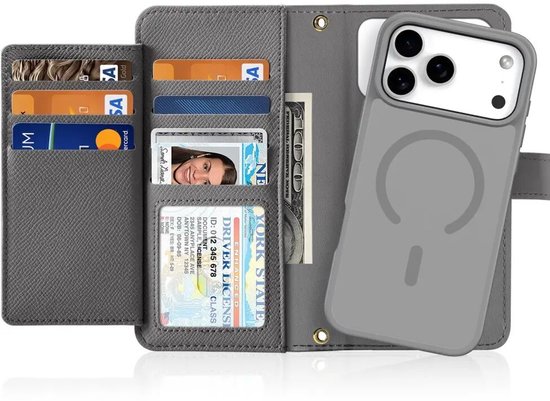 Binnenzijde van een grijze lederen hoes met kaartsleuven, een ID-venster en ruimte voor contant geld.