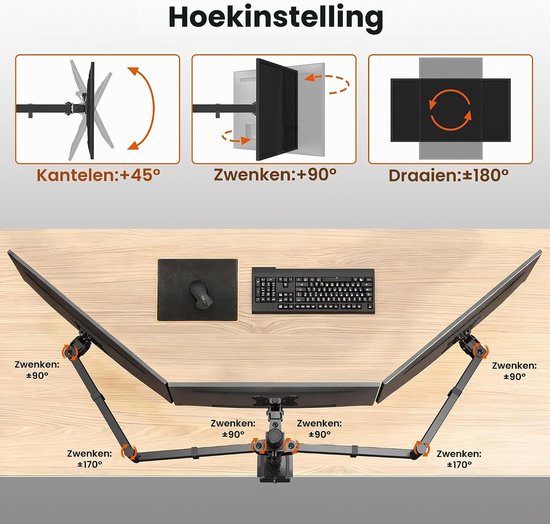 Ergonomische Monitorsteun voor 3 Schermen van 13-27 Inch, VESA 75/100, Verstelbare Hoogte, Geschikt voor Thuiswerk en Gaming, Robuuste Klemhouder met 10 kg Draagvermogen per Scherm — afbeelding 2