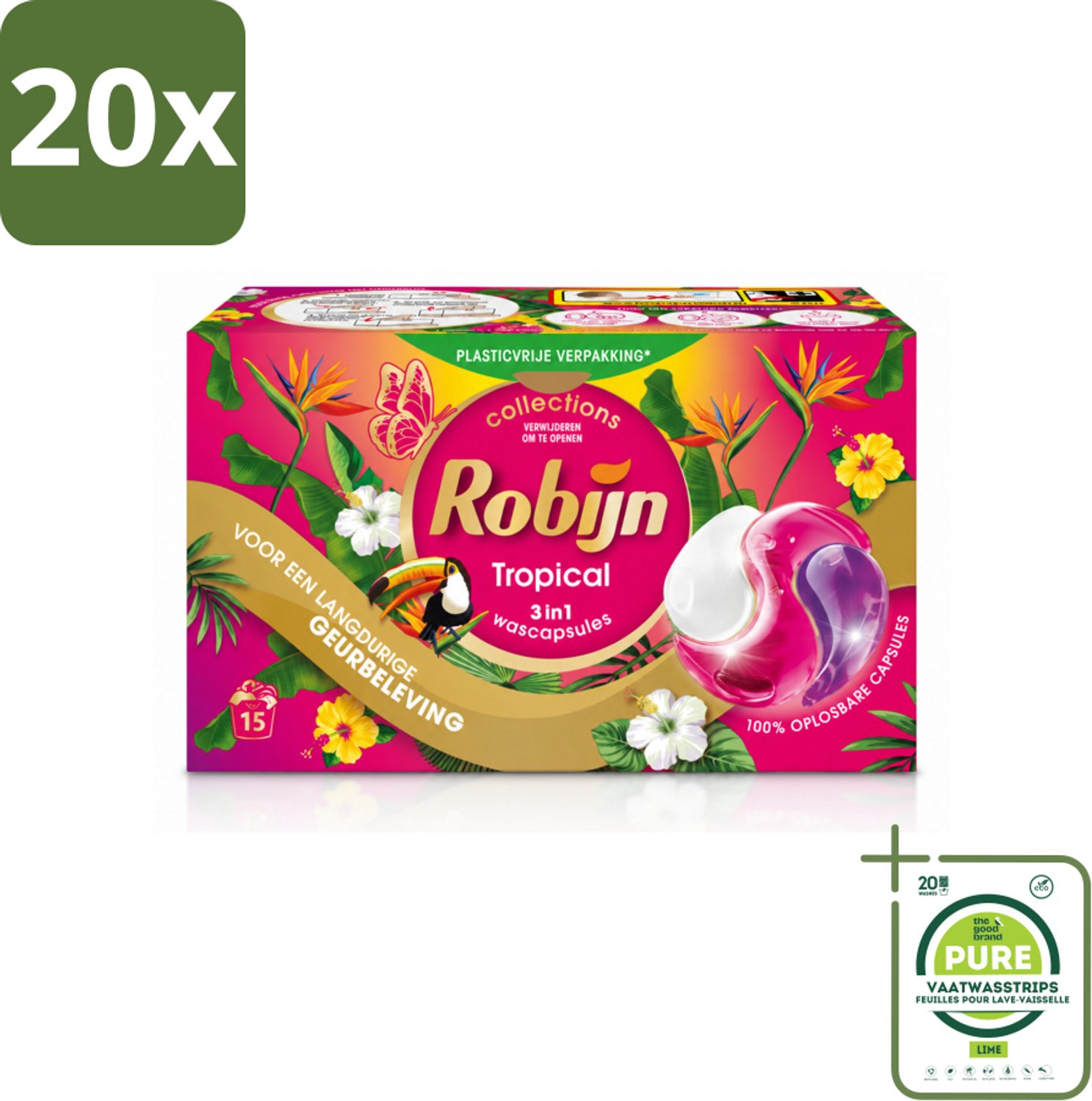 20 x Robijn - 3-in-1 Tropical - Wascapsules - 15 Wasbeurten - Grootverpakking - Vaatwasstrips - Tropische Geur - Wascapsules - Kleurbehoud - Wasverzachter - Biologisch Afbreekbaar