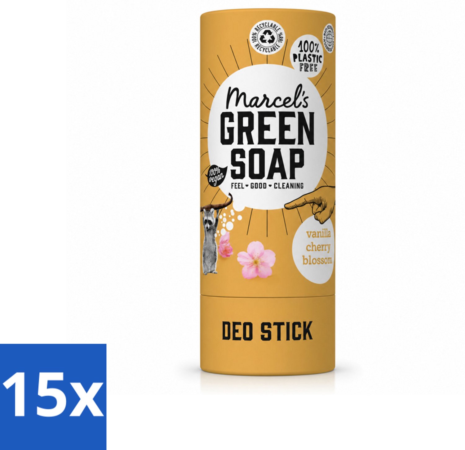 15 x Marcel's Green Soap - Deodorant Stick - Vanille & Kersenbloesem - Langdurige frisheid - 40 gr - Voordeelverpakking - 15 stuks