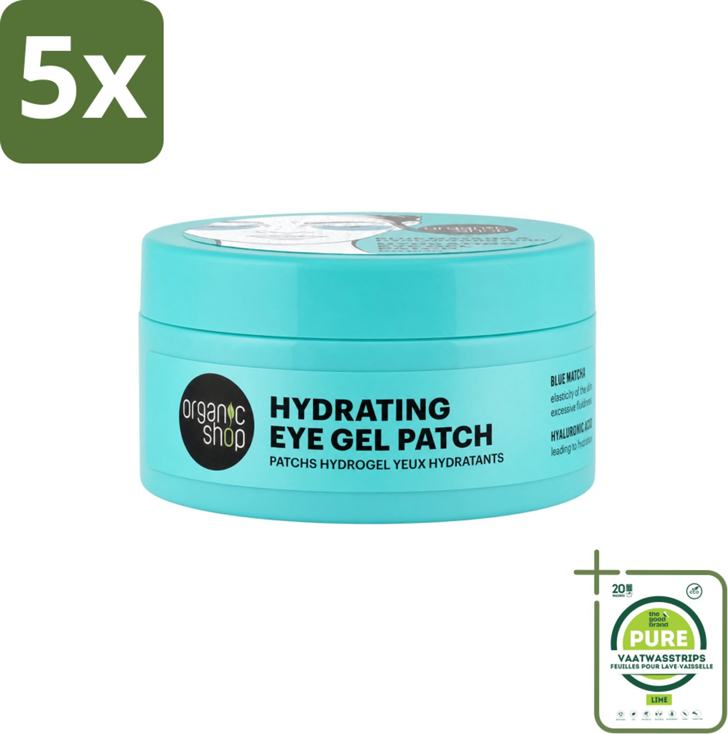 5 x Organic Shop - Eye Gel Patch Blue Matcha & Hyaluronic Acid - Verfrissend en Hydraterend - 60 Patches - Grootverpakking - Vaatwasstrips - Oogverzorging - Hydratatie - Anti-oudering - Oogpatches - Matcha