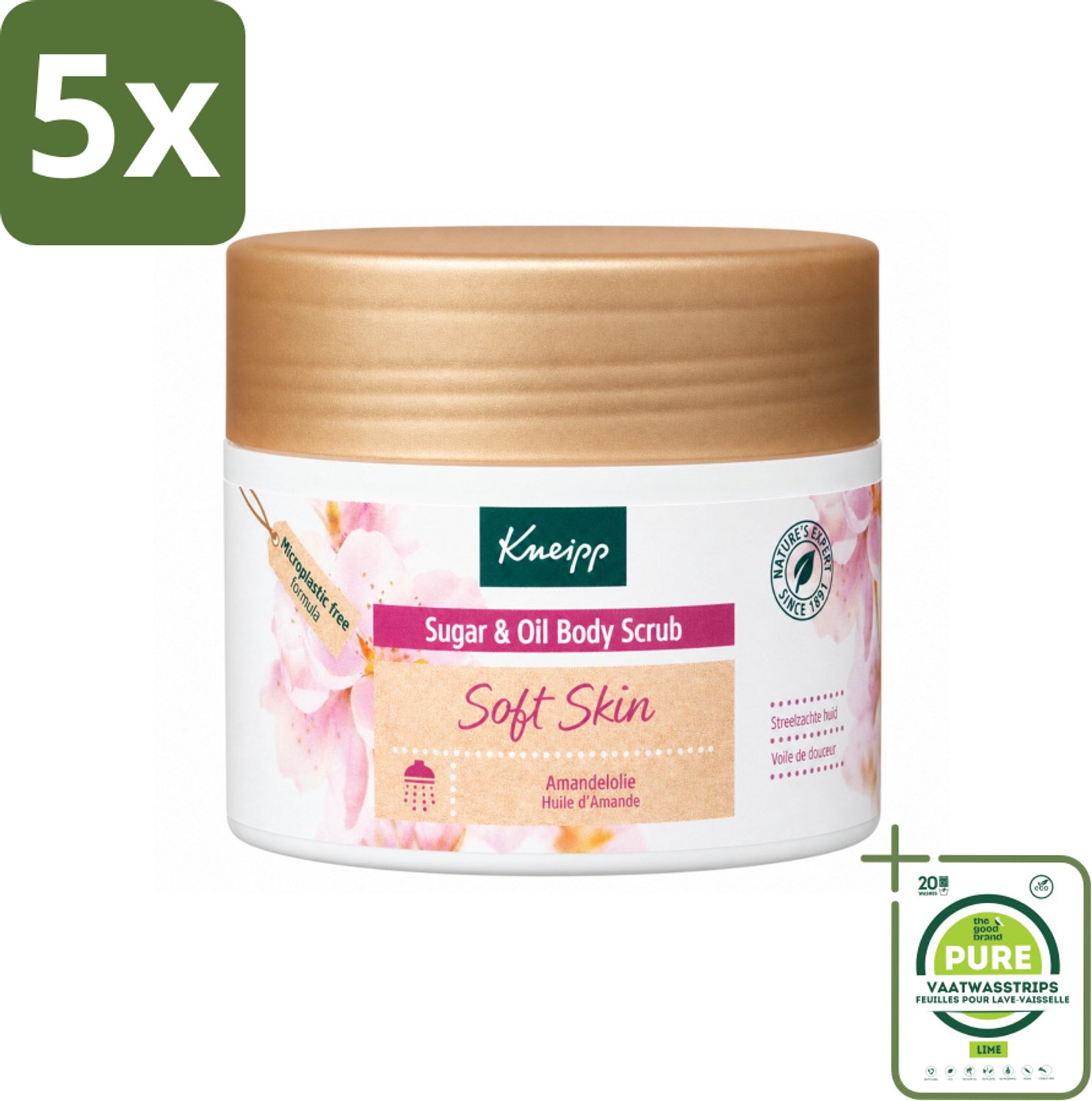 5 x Kneipp - Body scrub - Sugar & Oil - Soft Skin - Voor droge en gevoelige huid - 220 g - Grootverpakking - Vaatwasstrips - Huidverzorging - Suiker Scrubb - Amandelolie - Droge Huid - Gevoelige Huid