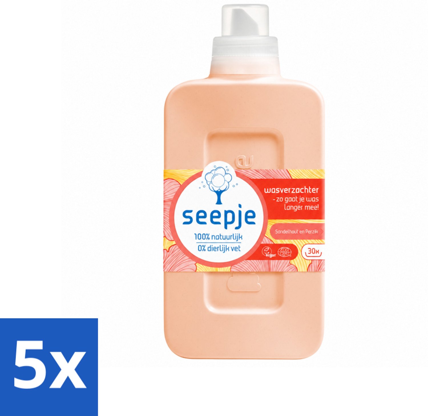 5 x Seepje - Wasverzachter - Verzorgt en Verfrist - Sandelhout en Perzik - 30 Wasbeurten - 750 ml - Voordeelverpakking - 5 stuks