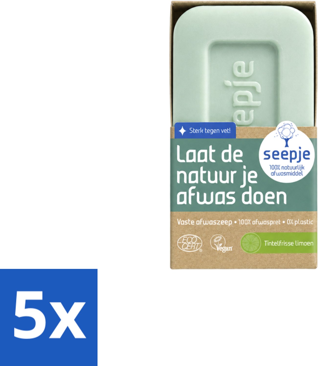 5 x Seepje - Afwaszeep - Handgemaakt & Biologisch - Tintelfrisse Limoen Geur - 120 gr - Voordeelverpakking - 5 stuks