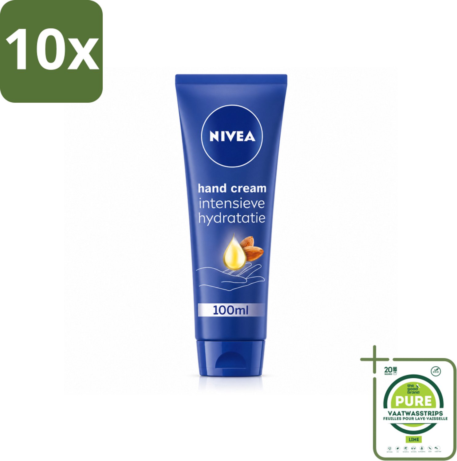 10 x NIVEA - Handcrème - Verzorgend - Intensieve Hydratatie - 100 ml - Grootverpakking - Vaatwasstrips - Handcrème - Handverzorging - Amandelolie - Sheaboter - Droge Handen