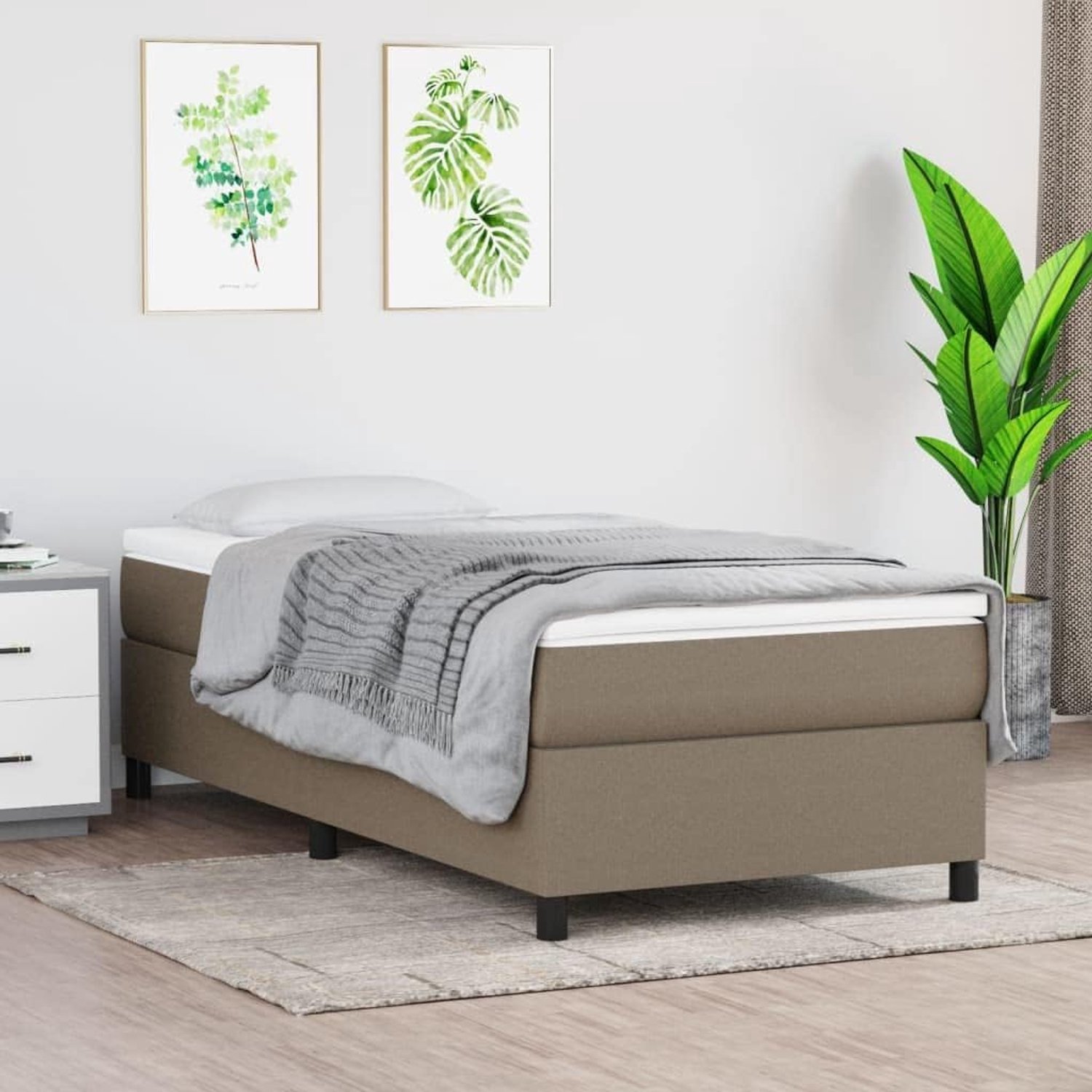 Taupe, 90 x 200 cm, stoffen bedframe met stabiele steunpoten en ademende stoffen bekleding voor een goede nachtrust, inclusief multiplex latten voor optimale