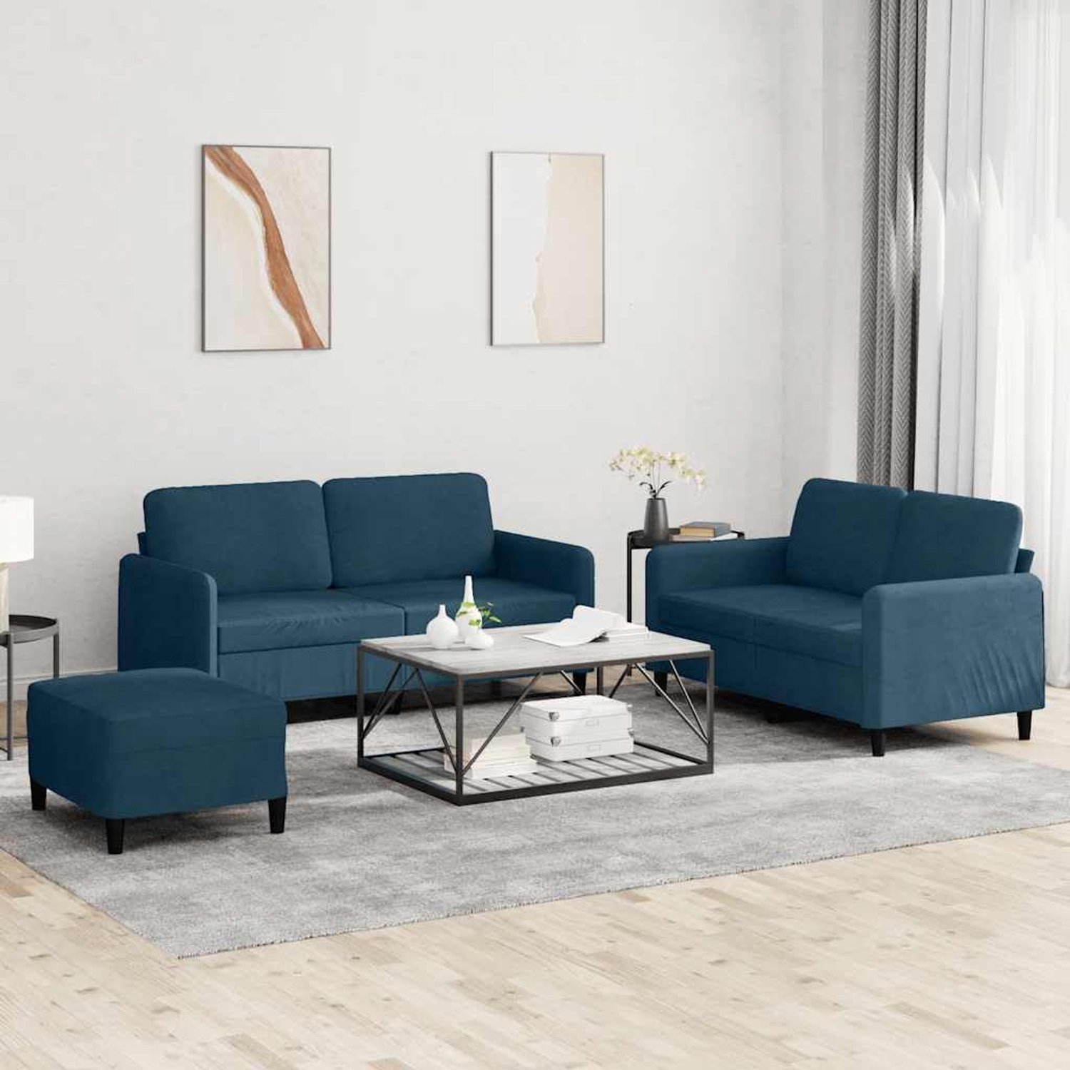 3-delige bankstel, blauw fluweel met kruk, comfortabele gestoffeerde bankset in velours, robuuste constructie van metaal en multiplex, veelzijdige woonkamer bankset voor ontspanning