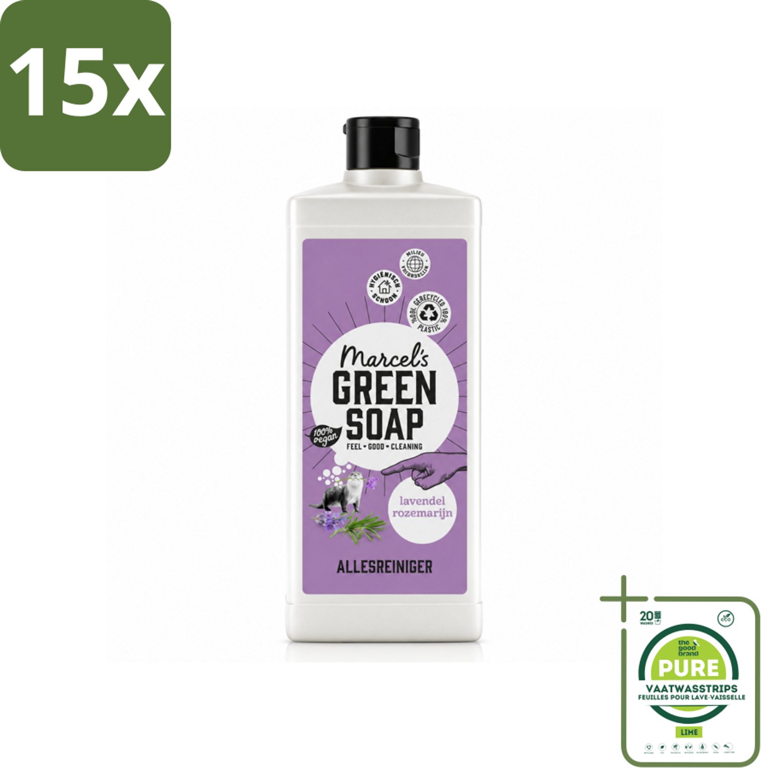15 x Marcel's Green Soap - Allesreiniger - Lavendel & Rozemarijn - Natuurlijk & effectief - 750 ml - Grootverpakking - Vaatwasstrips - Allesreiniger - Natuurlijke Reiniger - Vet Verwijderen - Vuil Verwijderen - Badkamer Reinigen