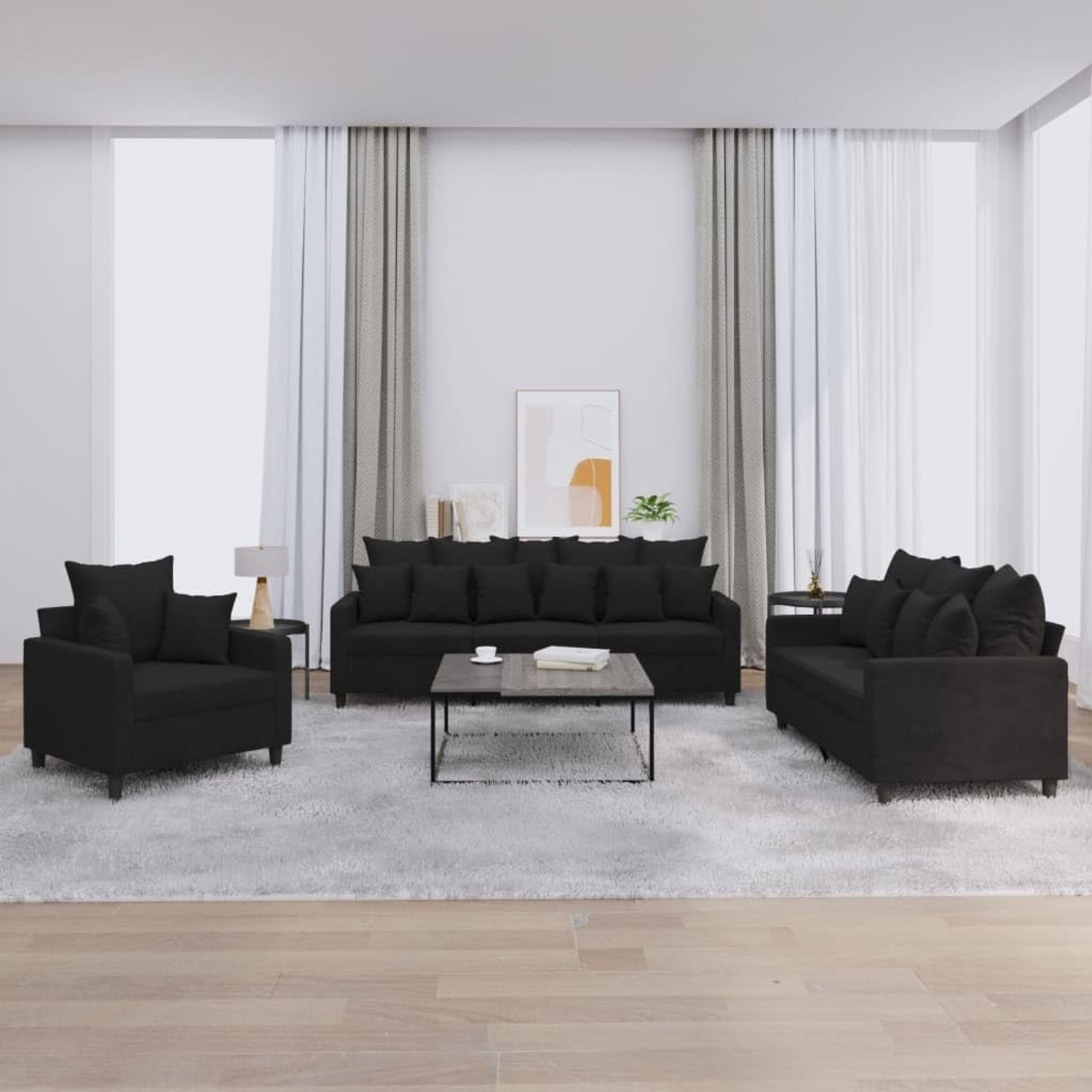 3-delige bankset met kussen in zwart fluweel, zachte velours sofa set met robuust frame voor woonkamer, comfortabele bekleding voor ontspanning, moderne bankstel