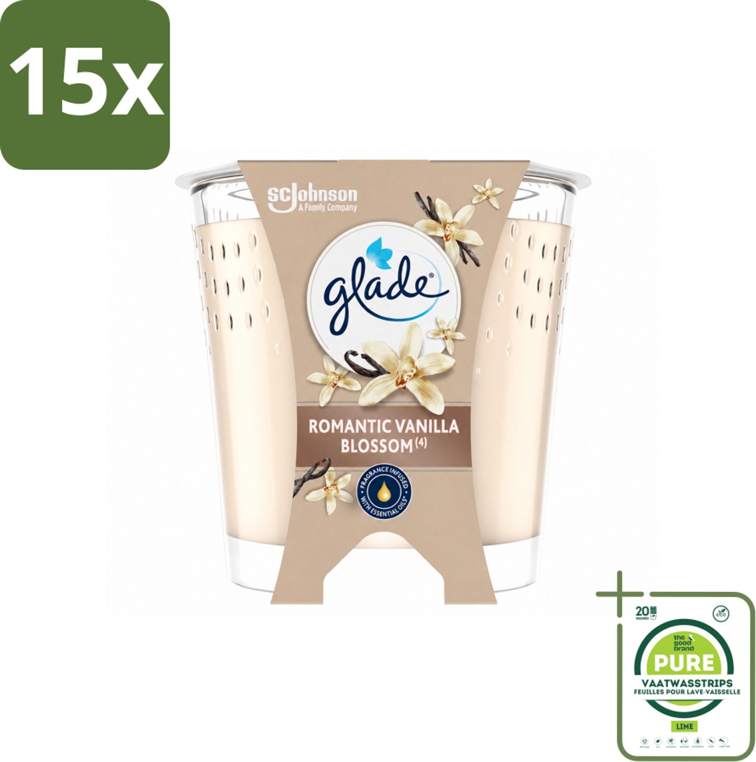 15 x Glade - Geurkaars Romantic Vanillebloesem - 100% Raapzaadwas & Vegan - 112 g - Grootverpakking - Vaatwasstrips - Romantische Kaars - Geurkaars - Vegan Kaars - Warme Geur - Amber Geur