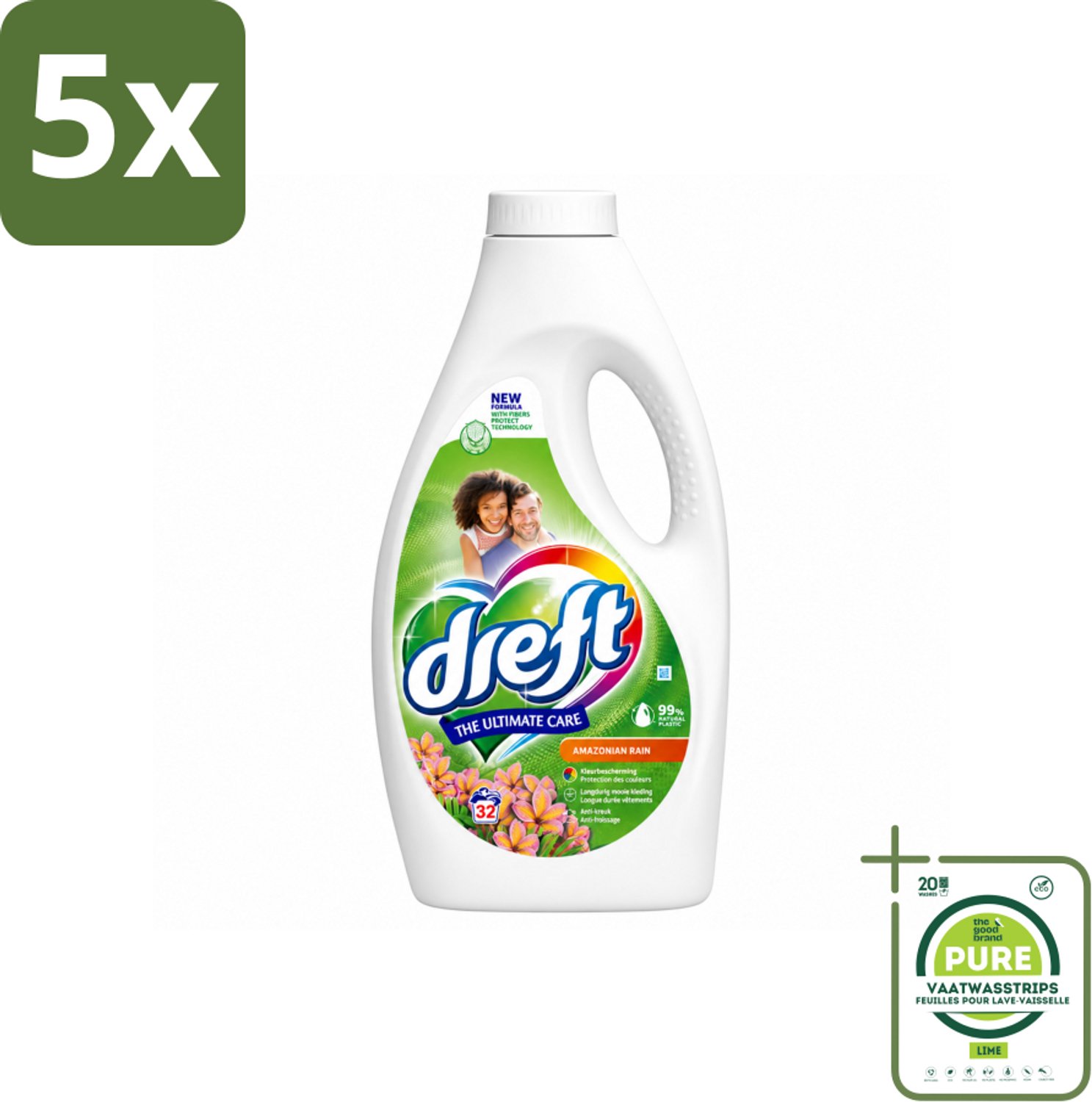 5 x Dreft - Vloeibaar Wasmiddel - Amazone Regen - Tropische frisheid - 32 Wasbeurten - Grootverpakking - Vaatwasstrips - Wasmiddel Amazon Regen - Krachtige Was - Frisse Geur - Wasmiddel Voor Witte En Gekleurde Was - Wasmiddel Met Parfumboost