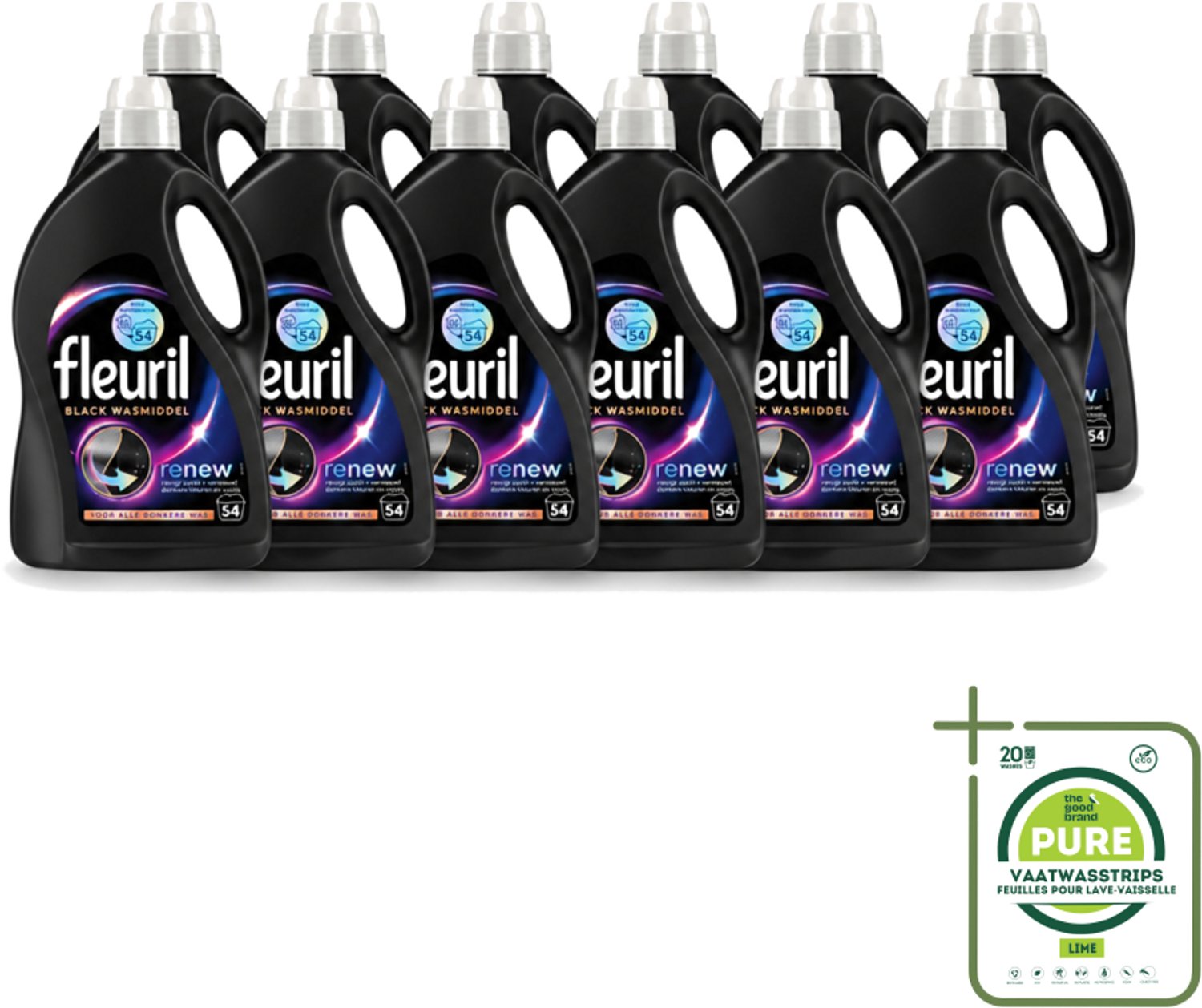12 x Fleuril - Wasmiddel - Renew Zwart Vloeibaar Wasmiddel - Zwarte Was - 54 wasbeurten - Grootverpakking - Vaatwasstrips - Donkere Was - Kleurherstel - Wasmiddel Zwart - Pluisverwijdering - Frisheid Wasmiddel
