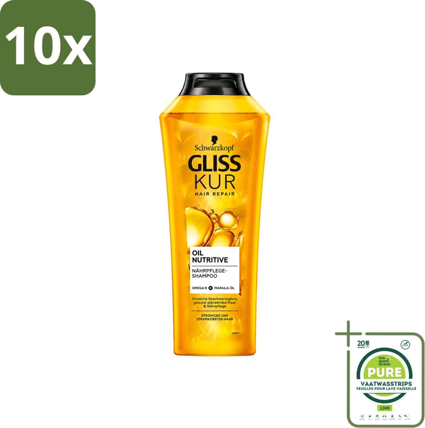 10 x Gliss-Kur - Shampoo - Oil Nutritive - Voedende Shampoo - Voor Stroef & Gespannen Haar - 400 ml - Grootverpakking - Vaatwasstrips - Voedend Shampoo - Stroef Haar - Gespannen Haar - Hydraterend Shampoo - Abrikozenpitolie