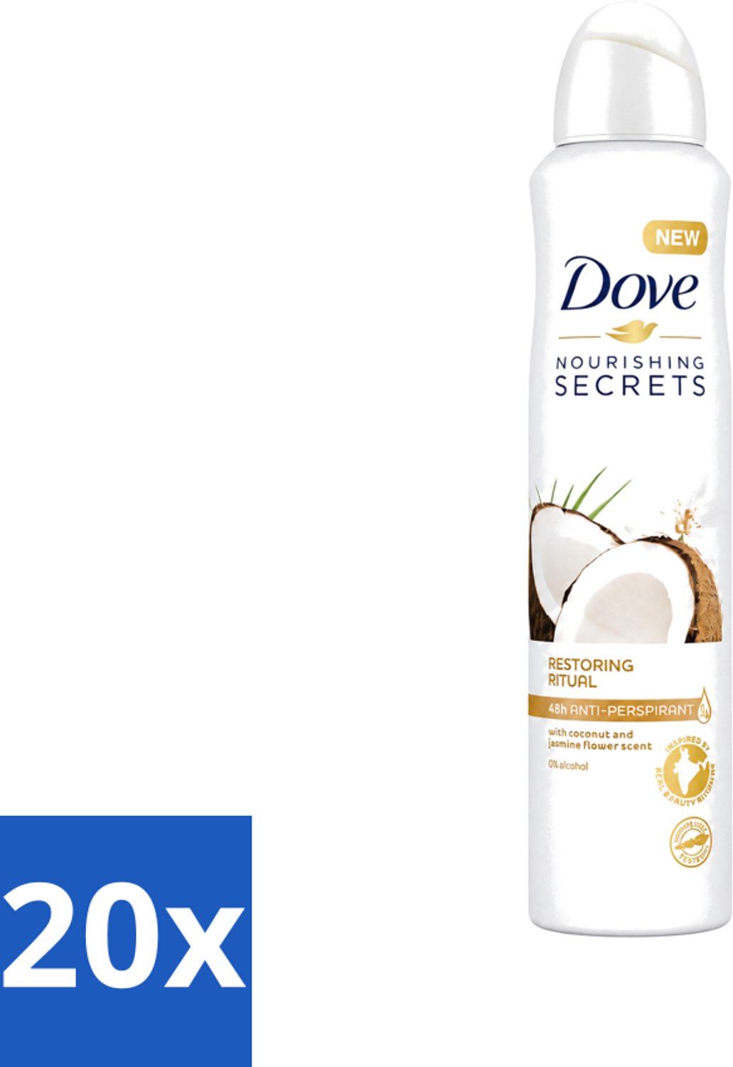 20 x Dove - Deodorant - Coconut & Jasmine Flower - Tropisch en verzorgend - 250 ml - Voordeelverpakking - 20 stuks