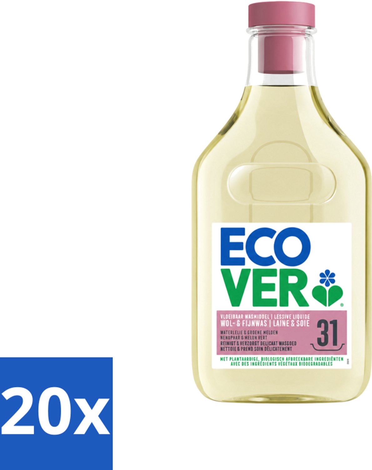 20 x Ecover - Vloeibaar Wasmiddel - Wol & Fijn Was - Waterlelie & Groene Meloen - 31 Wasbeurten - 1.43 L - Voordeelverpakking - 20 stuks