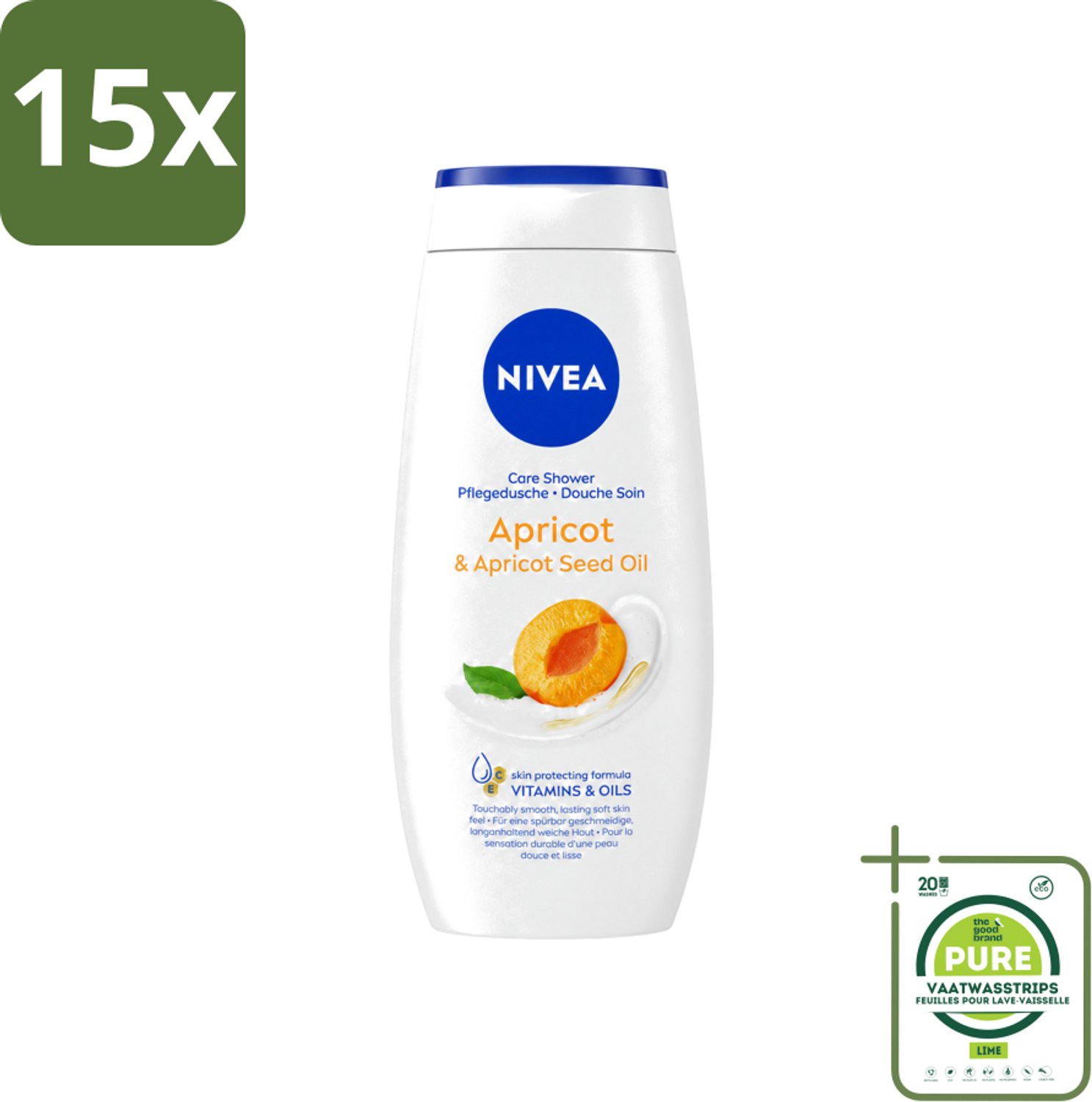 15 x Nivea - Douchegel - Soft Apricot - Huidbeschermend - 250 ml - Grootverpakking - Vaatwasstrips - Douchegel - Huidbeschermend - Abrikozenpitolie - Druivenpitolie - Vitamine C