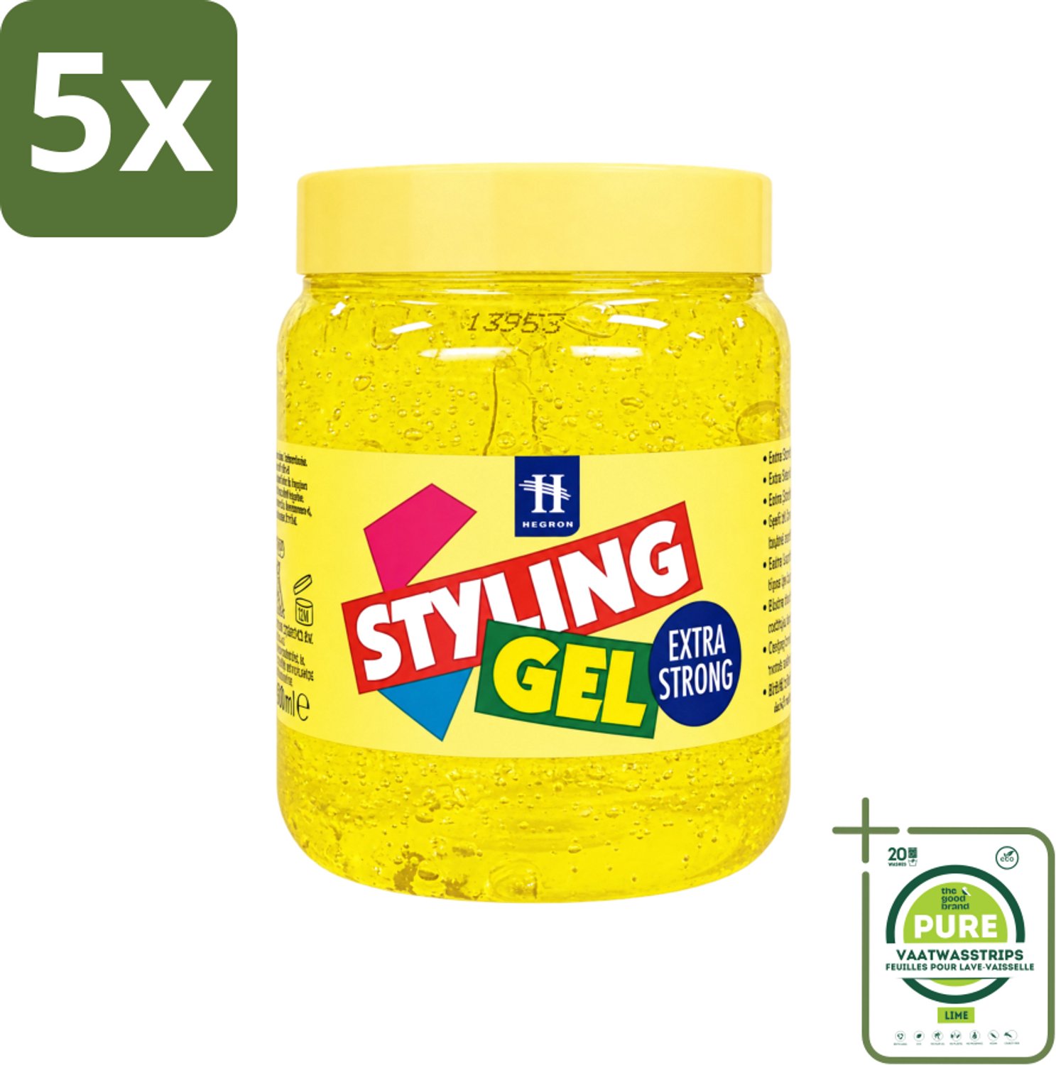 5 x Hegron - Styling Haargel - Extra Strong - Voor Sterke Fixatie - 500 ml - Grootverpakking - Vaatwasstrips - Haarkleur - Haartype - Stylinggel - Haartypen - Haartypen