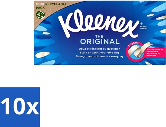Mouchoirs Kleenex Original dans un emballage 100% recyclable, lot de 10 affiché.