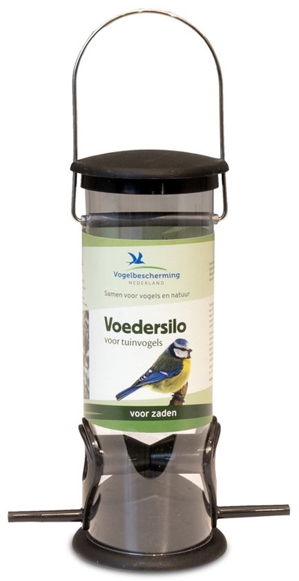 Voedersilo van Vogelbescherming Nederland met zwarte deksel, zaadreservoir en tekst 'Voedersilo voor tuinvogels'.