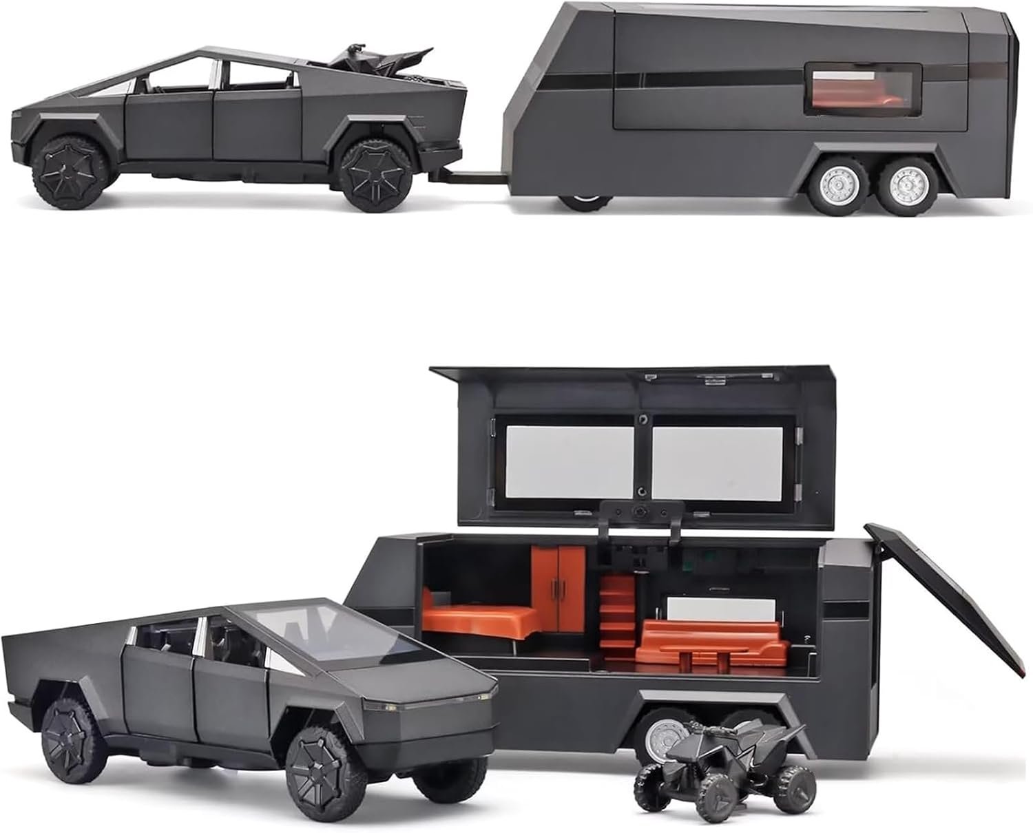 Truck modelauto 1:32 met motorfiets en laadstation, multiplan campingdisplay, speelgoedauto met licht en muziek, ideaal voor kinderen jaar (zwart)