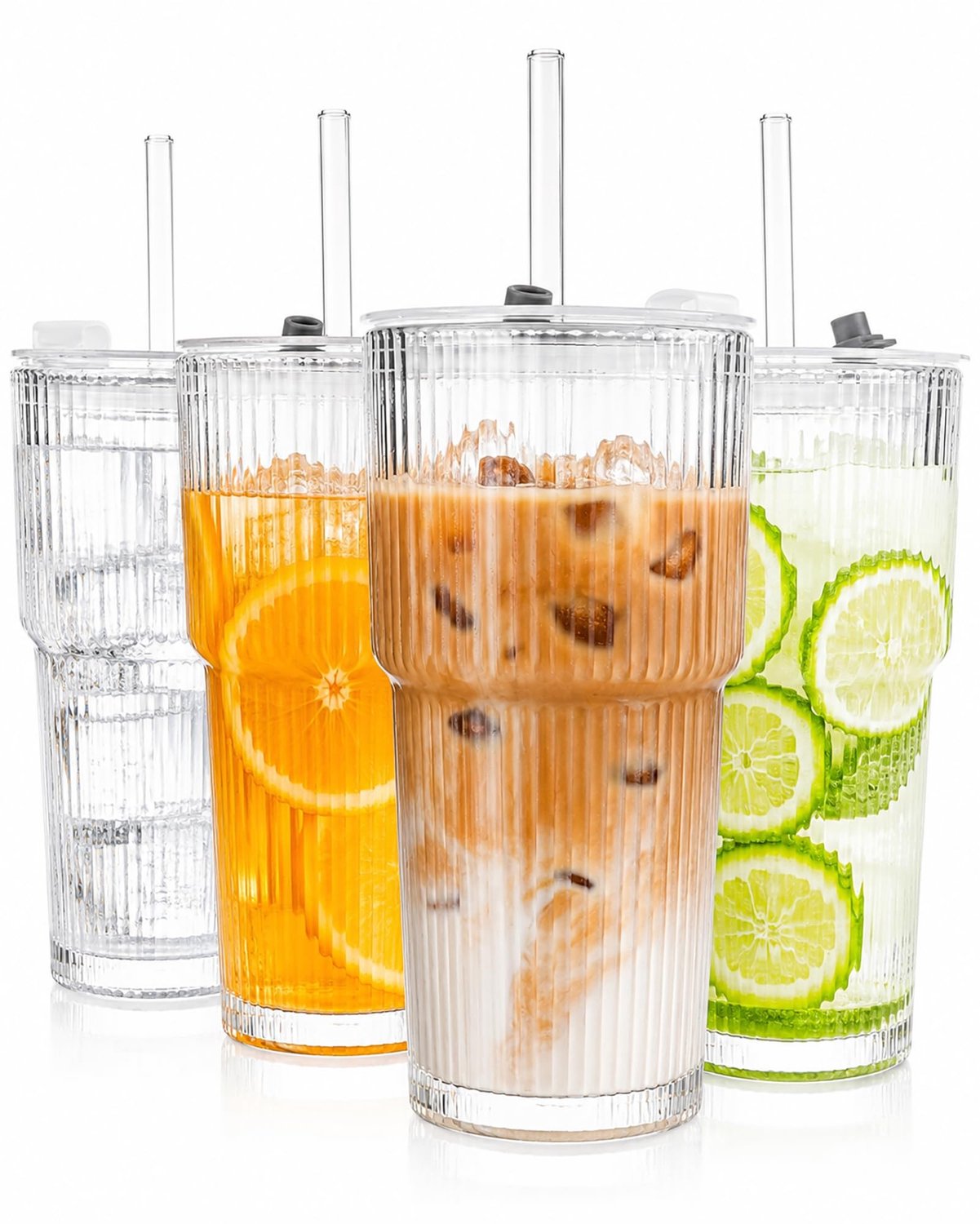 Set van 4 Glazen Bekers met Deksel en Rietje