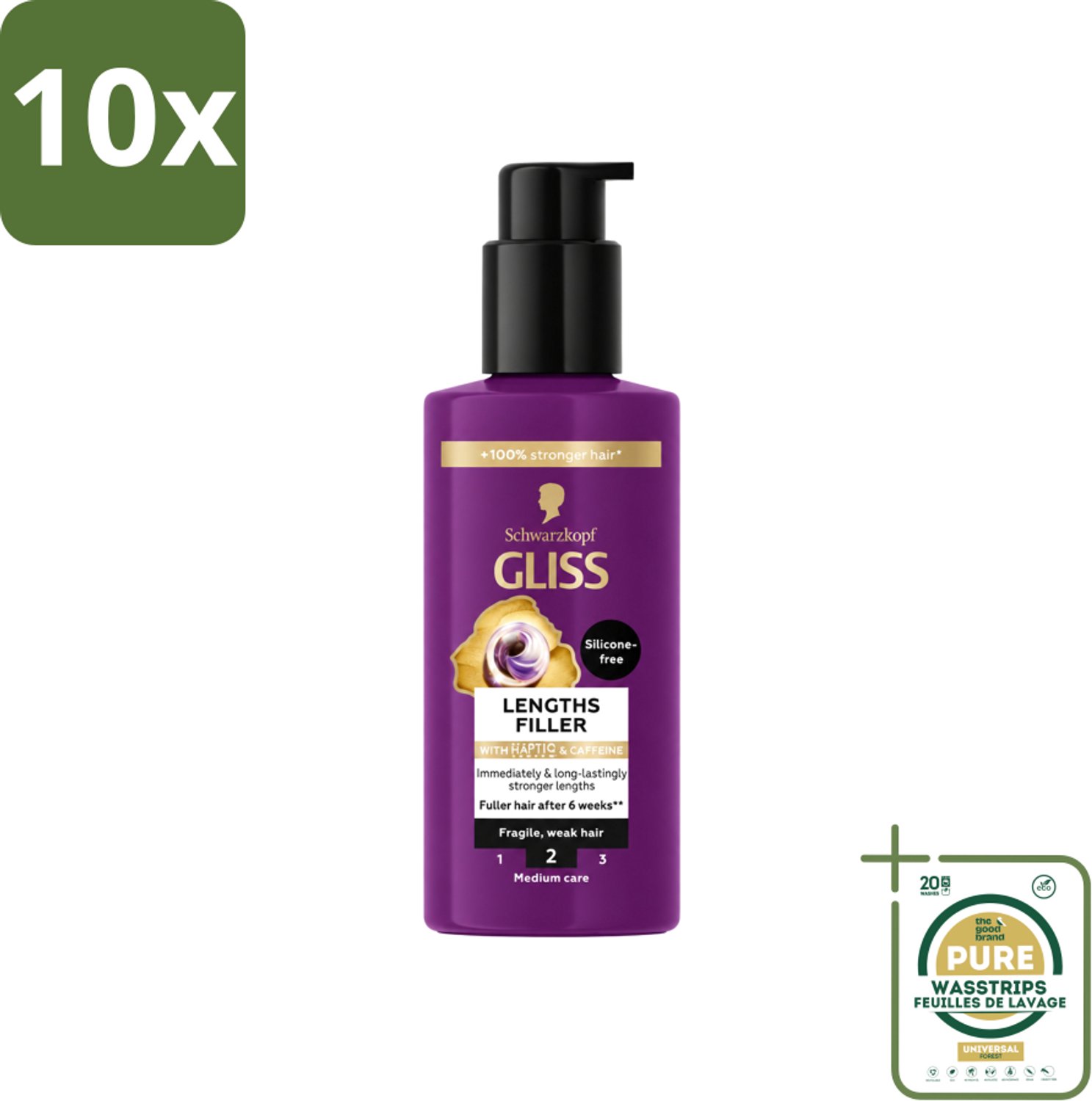 10 x Gliss - Haarserum - Lengths Filler - Siliconenvrij met Cafeïne - Voor Sterker Haar - 100 ml - Wasstrips - Haarserum - Sterker Haar - Haarversterking - Haarbreuk Voorkomen - Cafeïne Haarserum