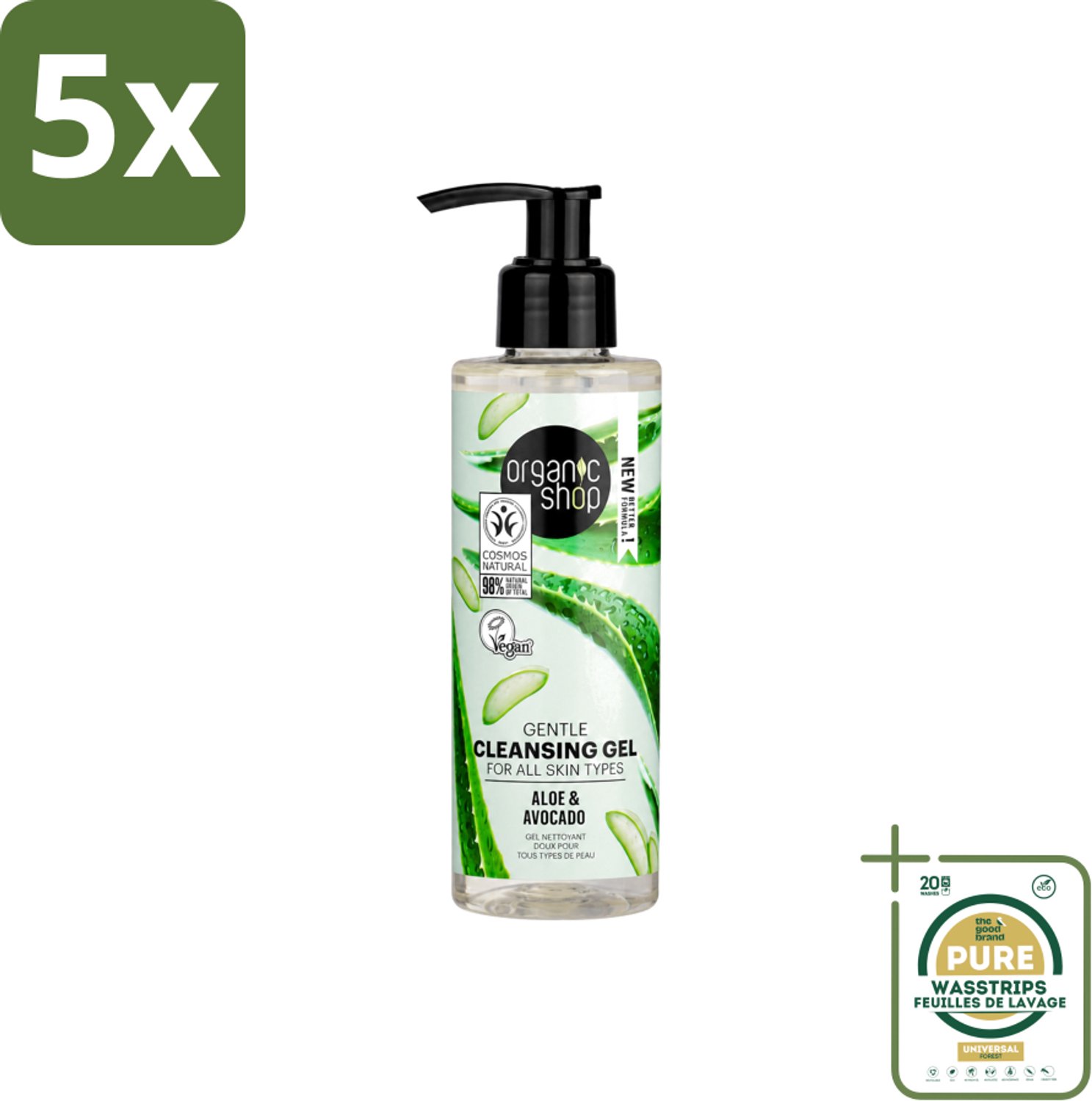 5 x Organic Shop - Cleansing Gel Avocado & Aloe - Verfrissend en Hydraterend - 200 ml - Wasstrips - Gezichtsreiniger - Natuurlijke Reiniger - Avocado-olie - Aloë-extract - Hydraterende Reiniger