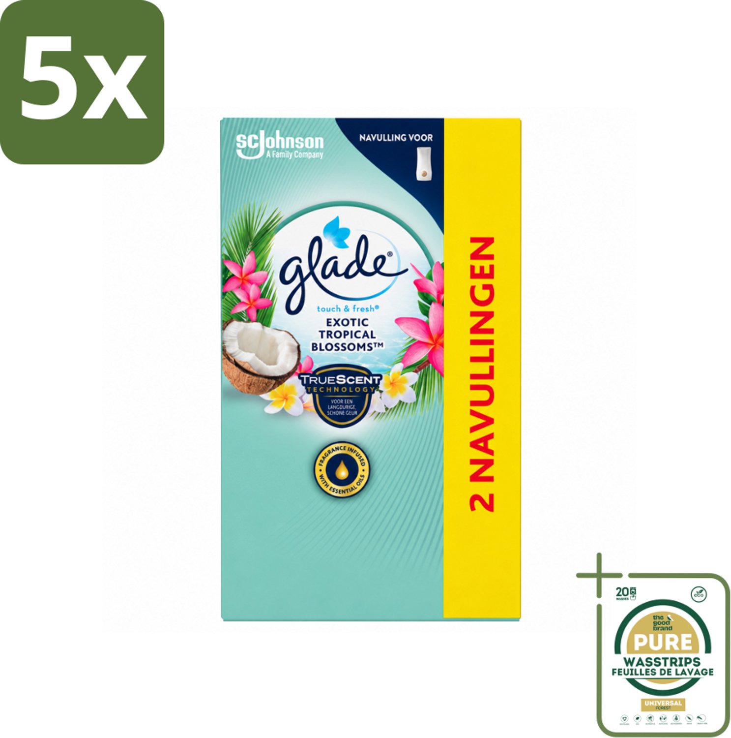 5 x Glade - Touch & Fresh - Exotic Tropical Blossoms - 2x 10 ml - Wasstrips - Luchtverfrisser - Geur - Geurbeleving - Frisheid - Geur In Huis
