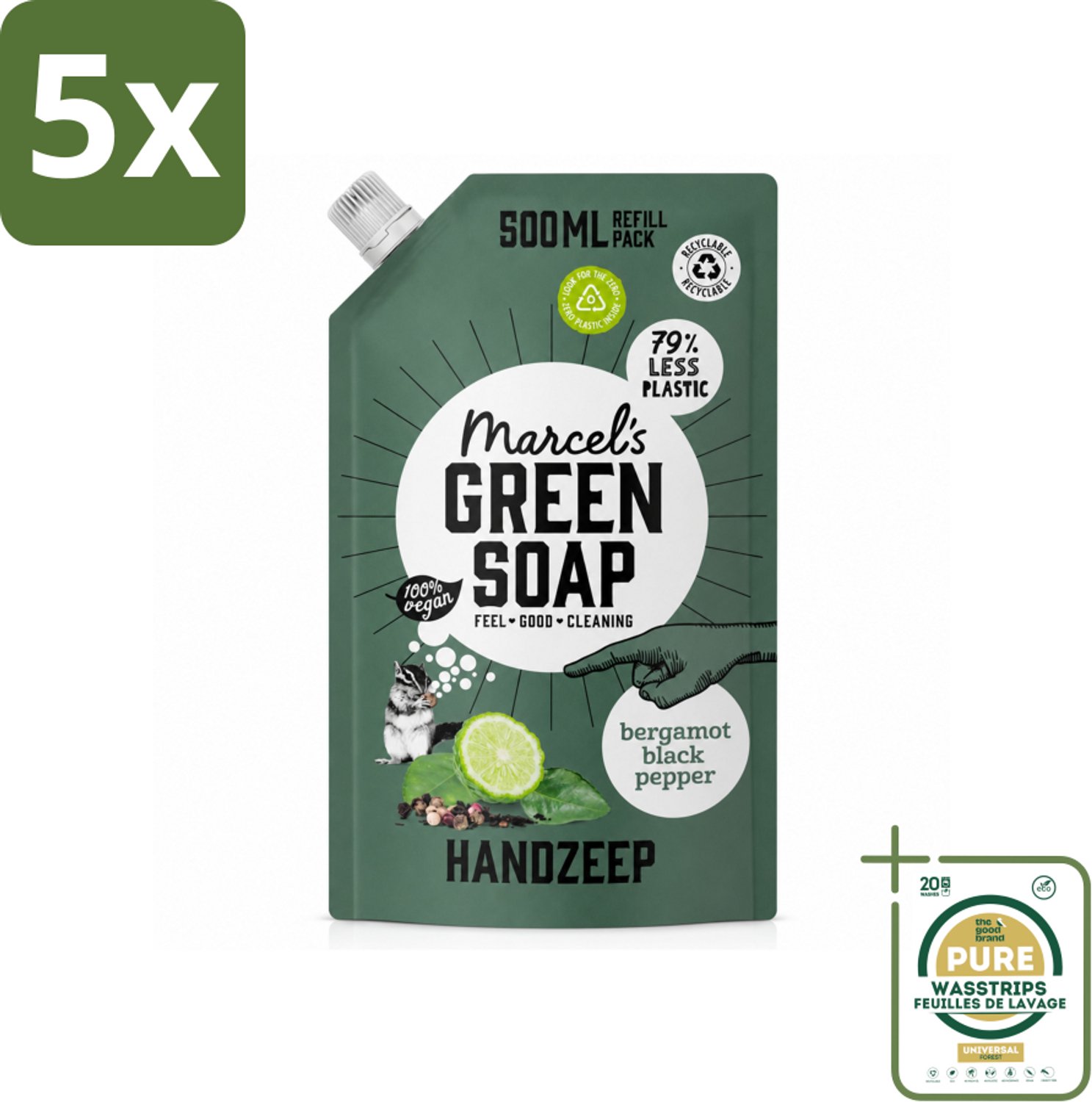 5 x Marcel's Green Soap - Handzeep - Bergamot & Black Pepper - Natuurlijke verzorging - 500 ml - Wasstrips - Handzeep Bergamot En Zwarte Peper - Natuurlijke Handzeep - Biologische Handzeep - Handzeep Navulling - Handzeep Met Geur
