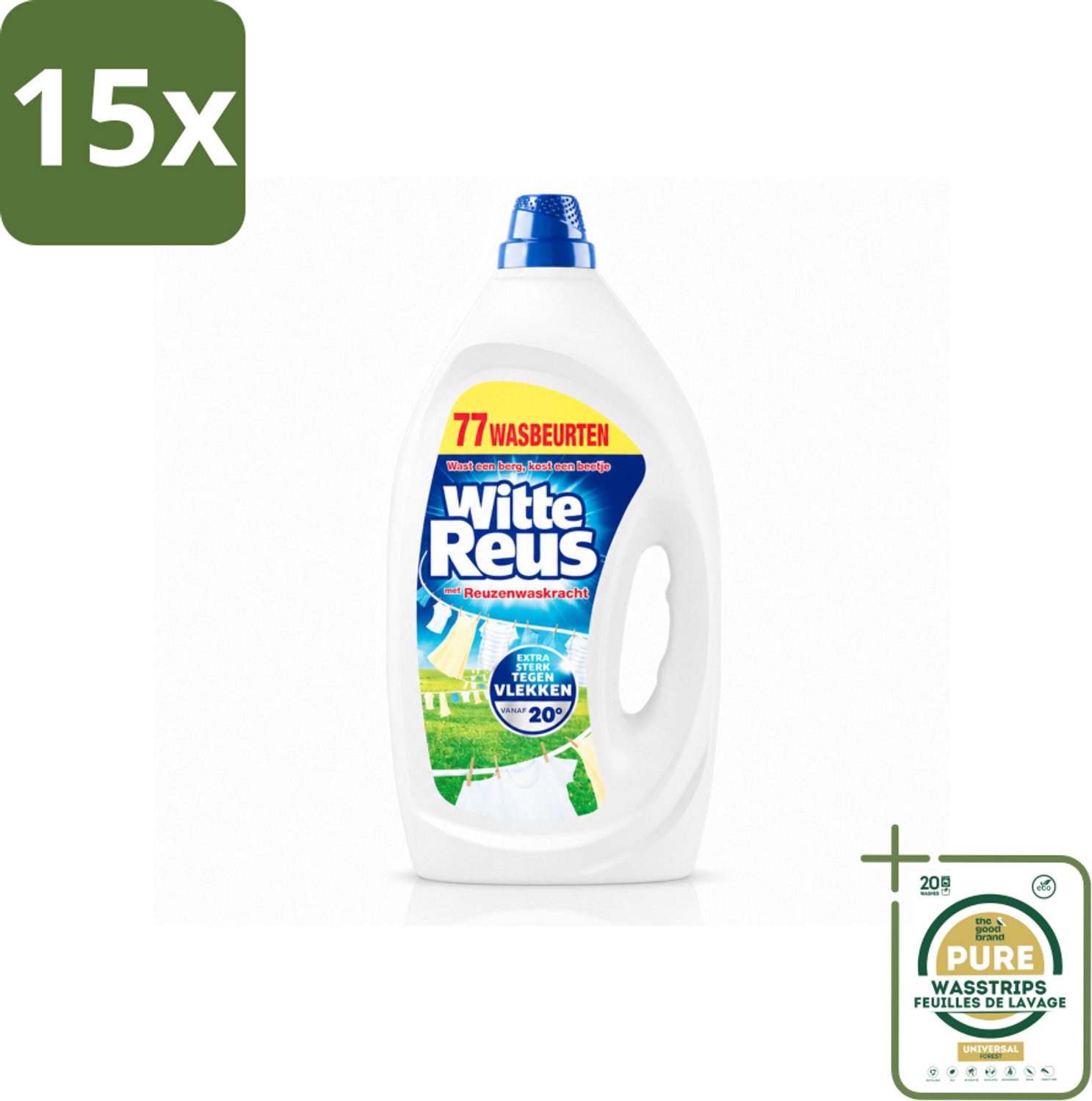 15 x Witte Reus - Vloeibaar Wasmiddel - Witte Was - 77 Wasbeurten - Wasstrips - Witte Was - Vloeibaar Wasmiddel - Vlekken Verwijderen - Was Kracht - Was Vanaf 20°C