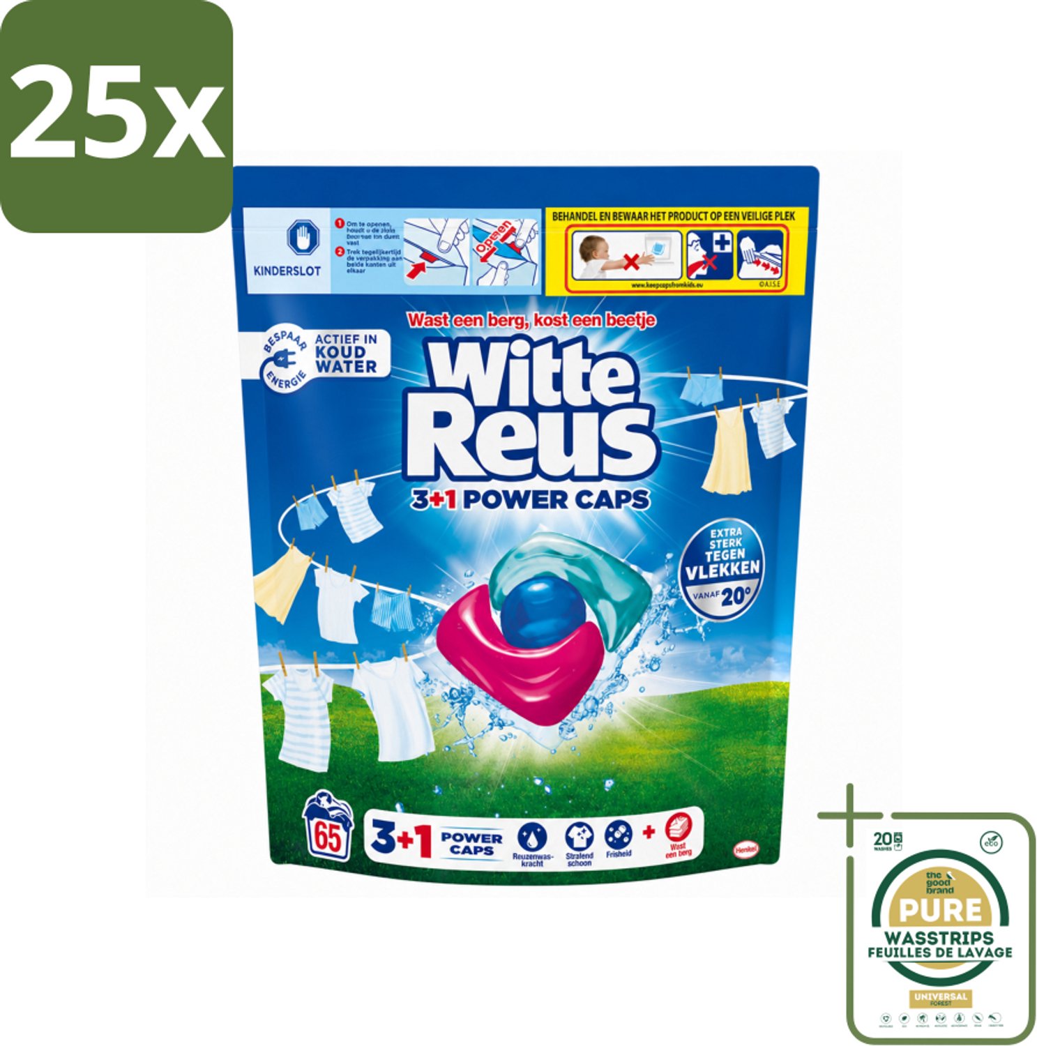 25 x Witte Reus - 3+1 Power Caps - Witte Was - 65 Wasbeurten - Wasstrips - Wasmiddel - Witte Reus - Power Caps - Wasresultaat - Vlekverwijdering