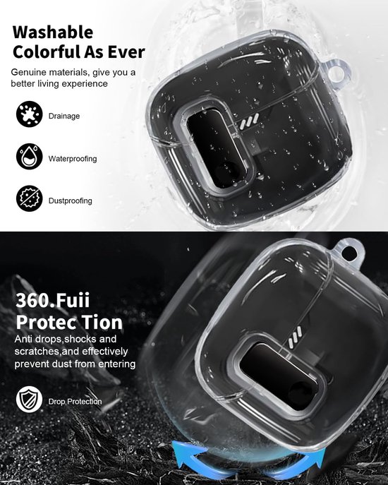 Hoes voor JBL Tune Flex 2 oordopjes, zachte TPU transparante cover, waterdicht, schokbestendig, krasbescherming, eenvoudig te dragen, met koord, sleutelhanger en reinigingskit (transparant) — afbeelding 3