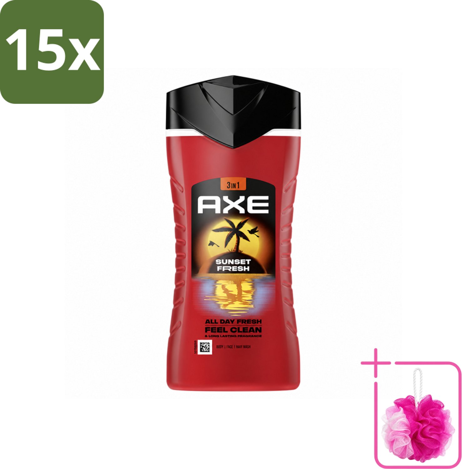 15 x Axe – Douchegel 3-in-1 – Sunset Fresh – 250 ml - Bulkverpakking - Douchegel - Douchemop - Frisheid