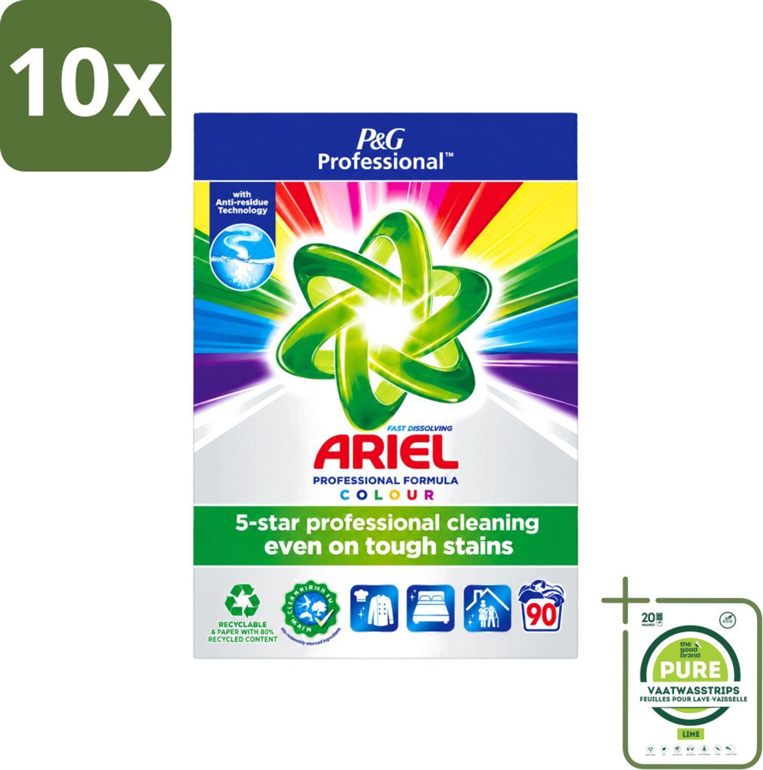 10 x Ariel Professional - Waspoeder - Gekleurde Was - 90 Wasbeurten - Grootverpakking - Vaatwasstrips - Kleurverzorging - Waspoeder - Vlekverwijdering - Wasmachine - Wasbeurt