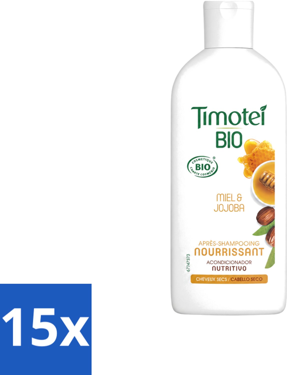 15 x Timotei - Crèmespoeling - Honing & Jojoba - Biologisch - Droog Haar & Droge Hoofdhuid - 250 ml - Voordeelverpakking - 15 stuks