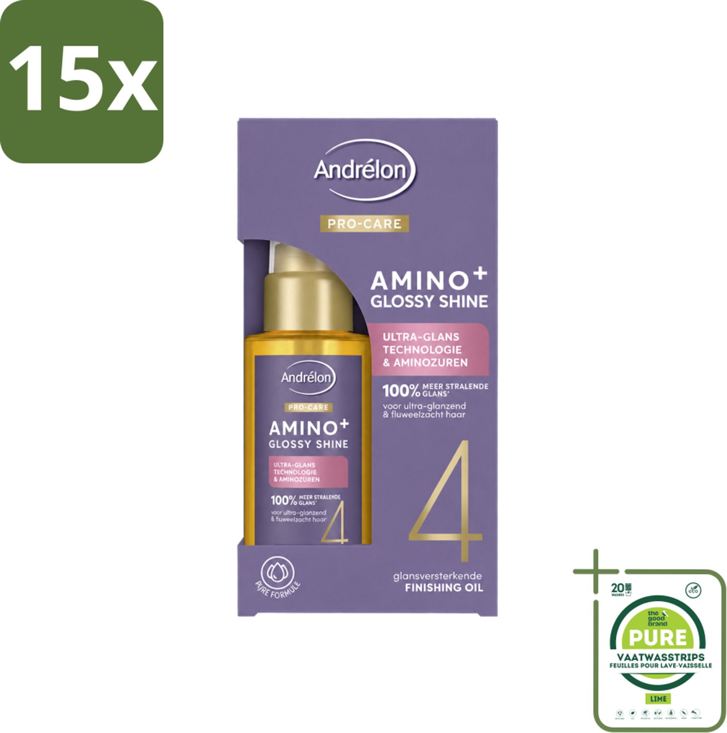 15 x Andrélon – Finishing Oil – Pro Care Amino+ Glossy Shine – 50 ml - Grootverpakking - Vaatwasstrips - Glans Haar - Pluisvrij Haar - Aminozuren Haar - Stralend Haar - Haarpunt Verzorging